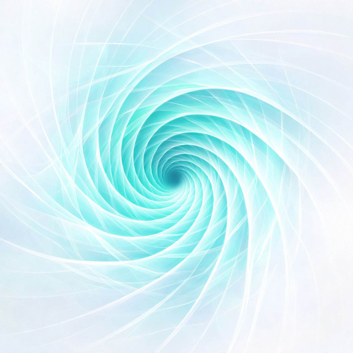 An ethereal white and pale teal digital vortex with translucent, swirling geometric light ribbons spiralling inward.