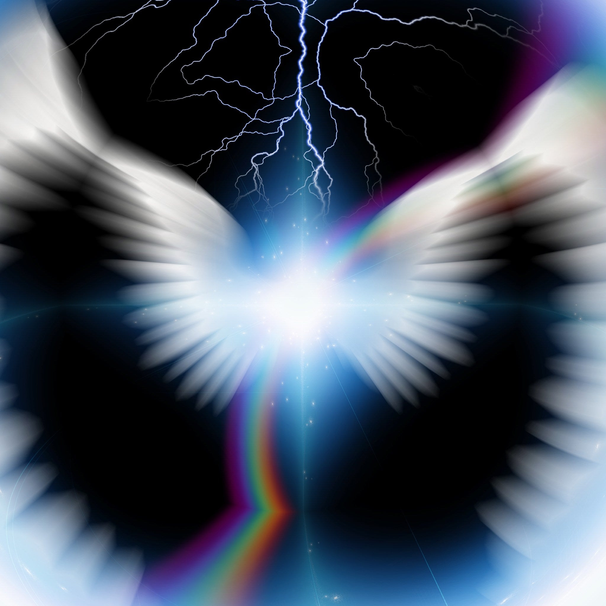 A highly stylised digital illustration featuring a pair of bright white, blurred angel wings against a black background. A blinding white-blue light and a flash of lightning emerge from the centre, with a faint rainbow arc visible below, symbolising the intense energy of the archangel protection.