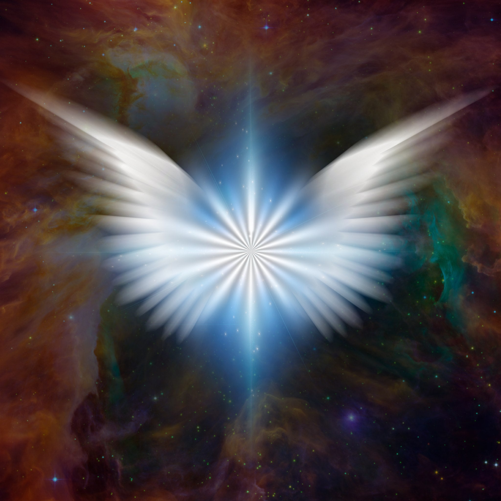 White angel wings with a bright light source against a colourful cosmic background symbolising Archangel Raguel.