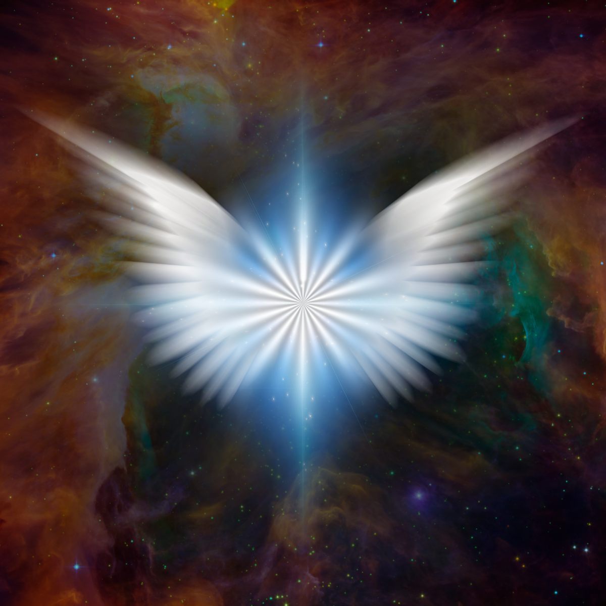 White angel wings with a bright light source against a colourful cosmic background symbolising Archangel Raguel.