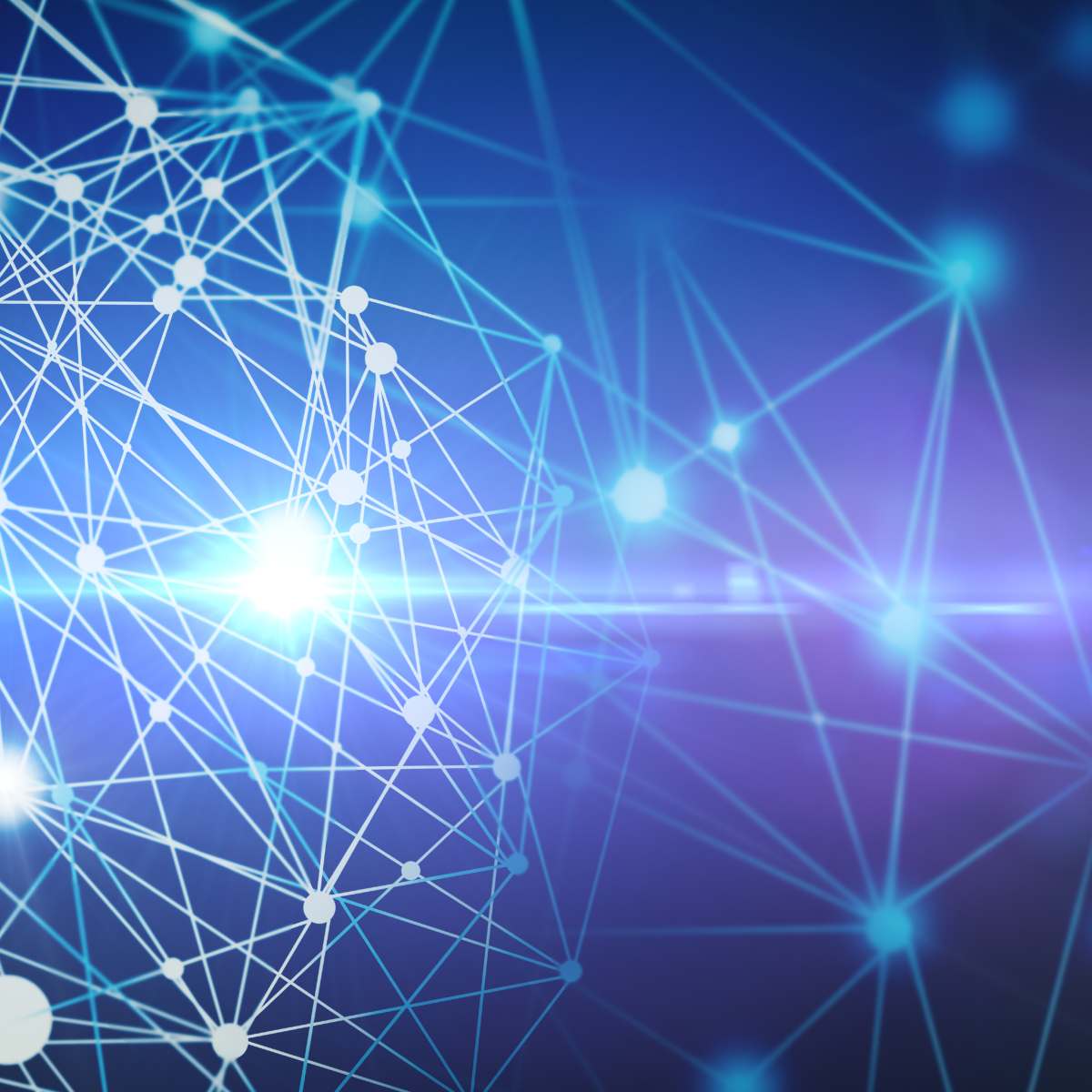 Network of connected dots and lines on a blue and purple gradient background with light shining through.