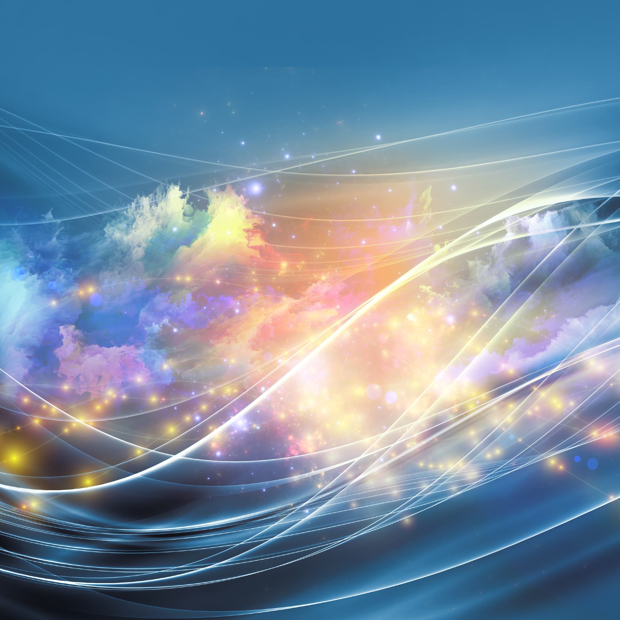 An abstract image of colourful, ethereal clouds in pastel shades of orange, yellow, and blue, streaked with smooth, glowing white lines and sparkling light against a blue sky, symbolising divine communication.