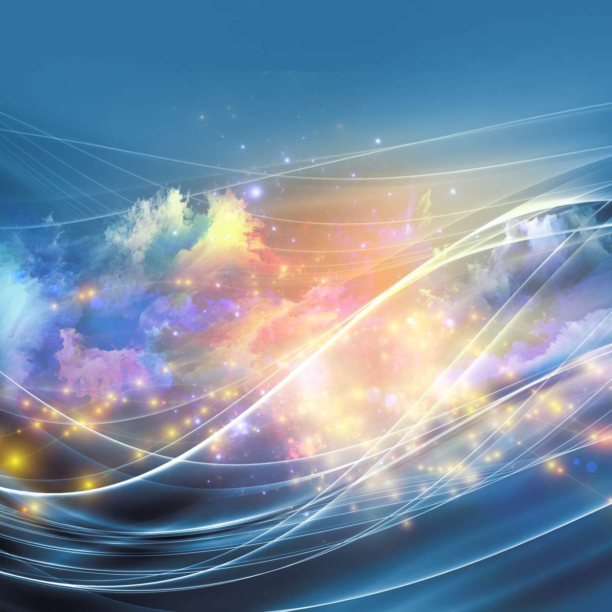 An abstract image of colourful, ethereal clouds in shades of orange, yellow, and blue against a blue sky.