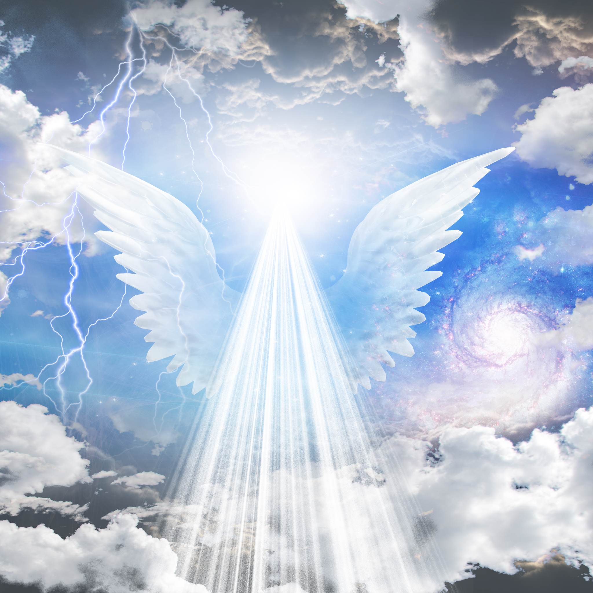 A powerful digital illustration depicting a pair of large, radiant white angel wings emerging from a brilliant vertical column of light that shines downwards from a bright celestial vortex. The scene includes dramatic clouds, a galaxy swirl, and lightning flashes in a blue sky, symbolising the archangel spiritual awareness.