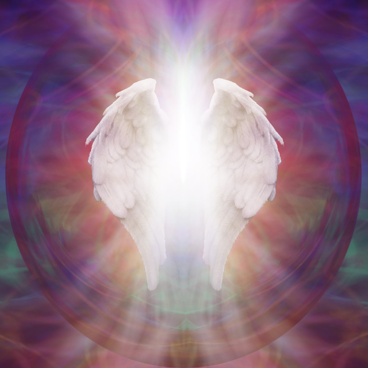 White angelic wings glowing against a colourful background, suggesting Archangel Zadkiel.