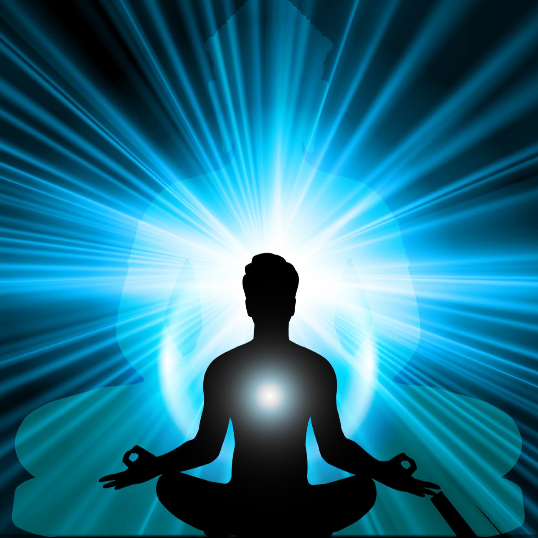 Silhouette of a meditating person with a bright light source behind them on a blue radiating background.