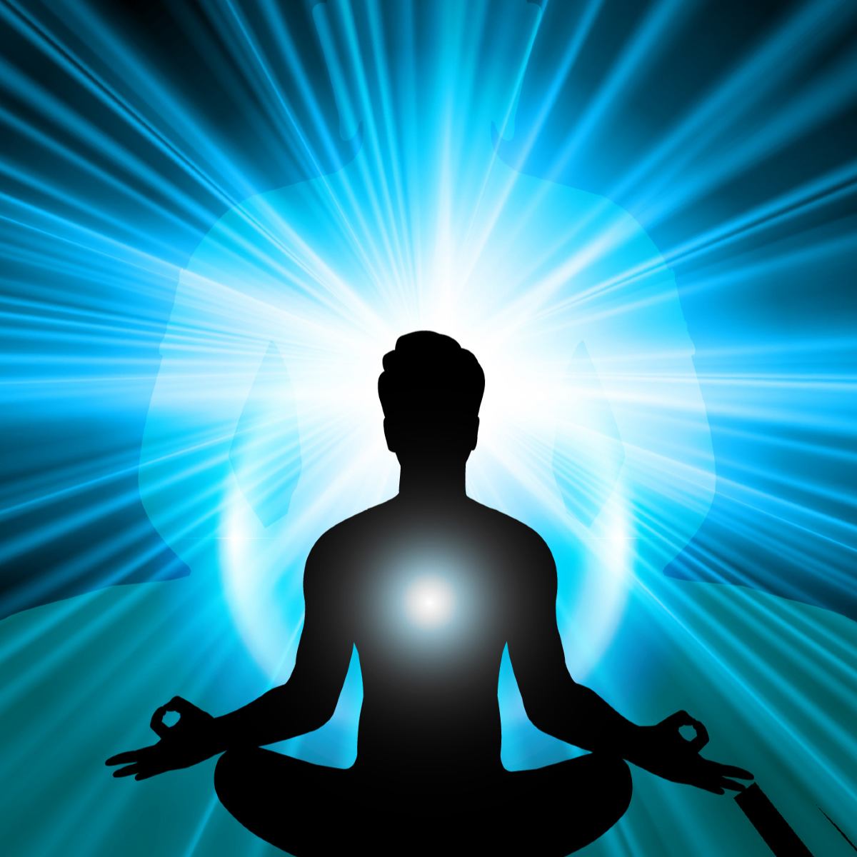 Silhouette of a meditating person with a bright light source behind them on a blue radiating background.