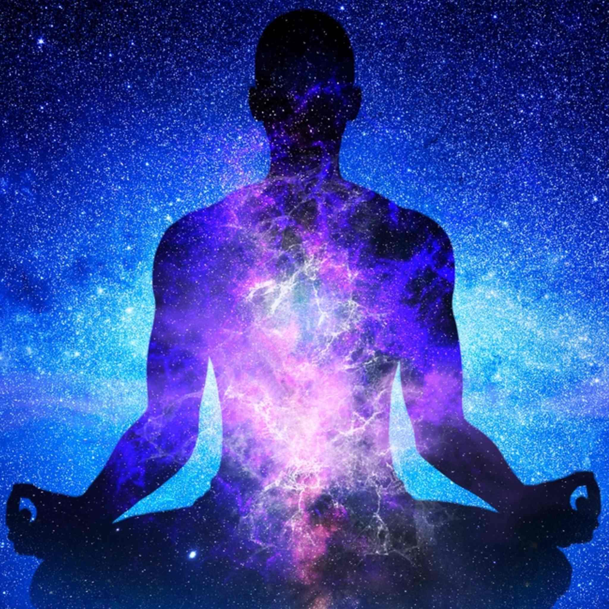 A digital illustration showing the silhouette of a human figure sitting in a meditation pose, with the figure's body filled by a swirling, bright purple and pink nebula and starfield. The background is a dense, dark blue starry night sky, representing the cosmic energy of the Arcturians.
