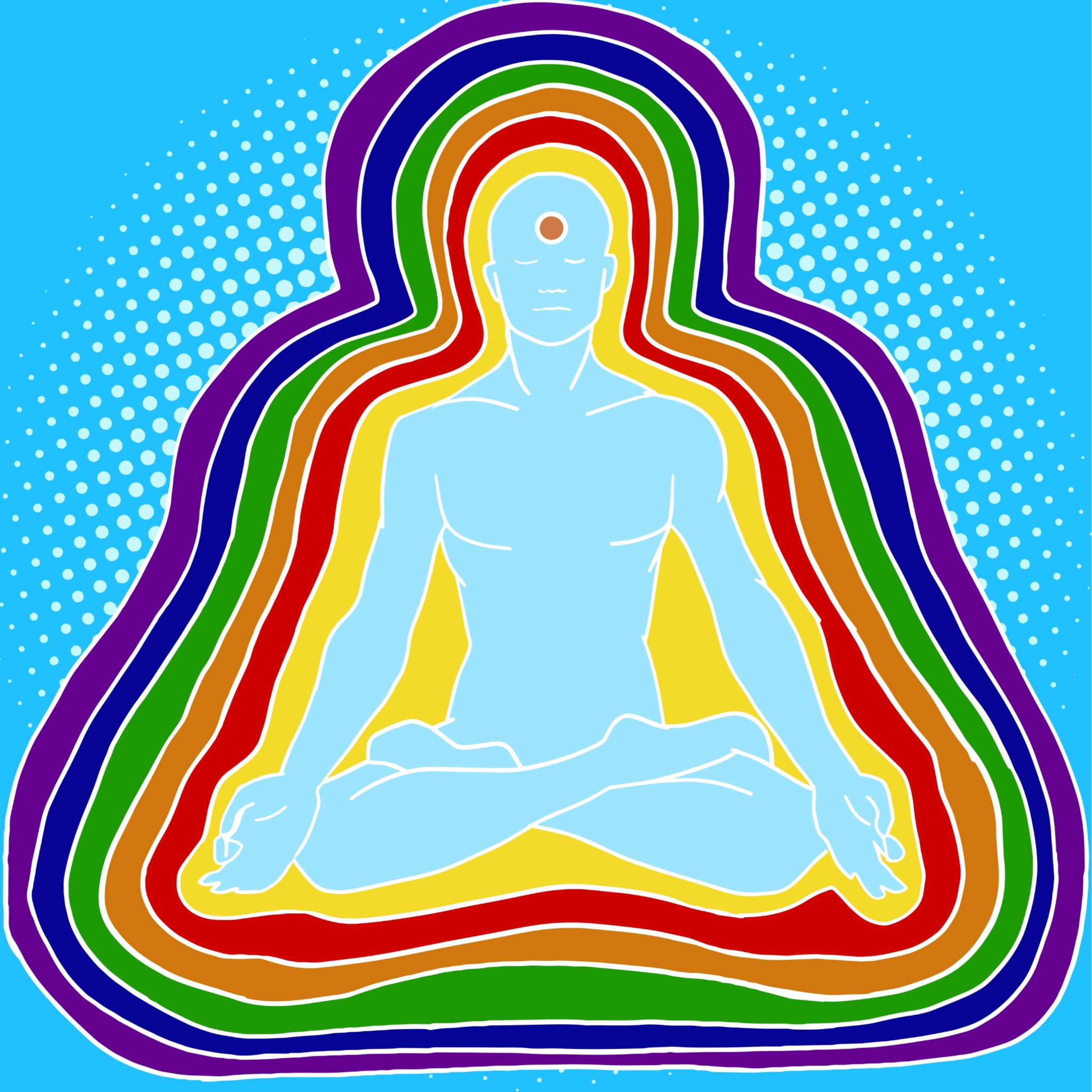 A minimalist graphic illustration of a person meditating in a lotus position, with their light blue silhouette surrounded by concentric, brightly coloured bands of red, orange, yellow, green, blue, indigo, and violet, representing the seven layers of the aura or chakras.