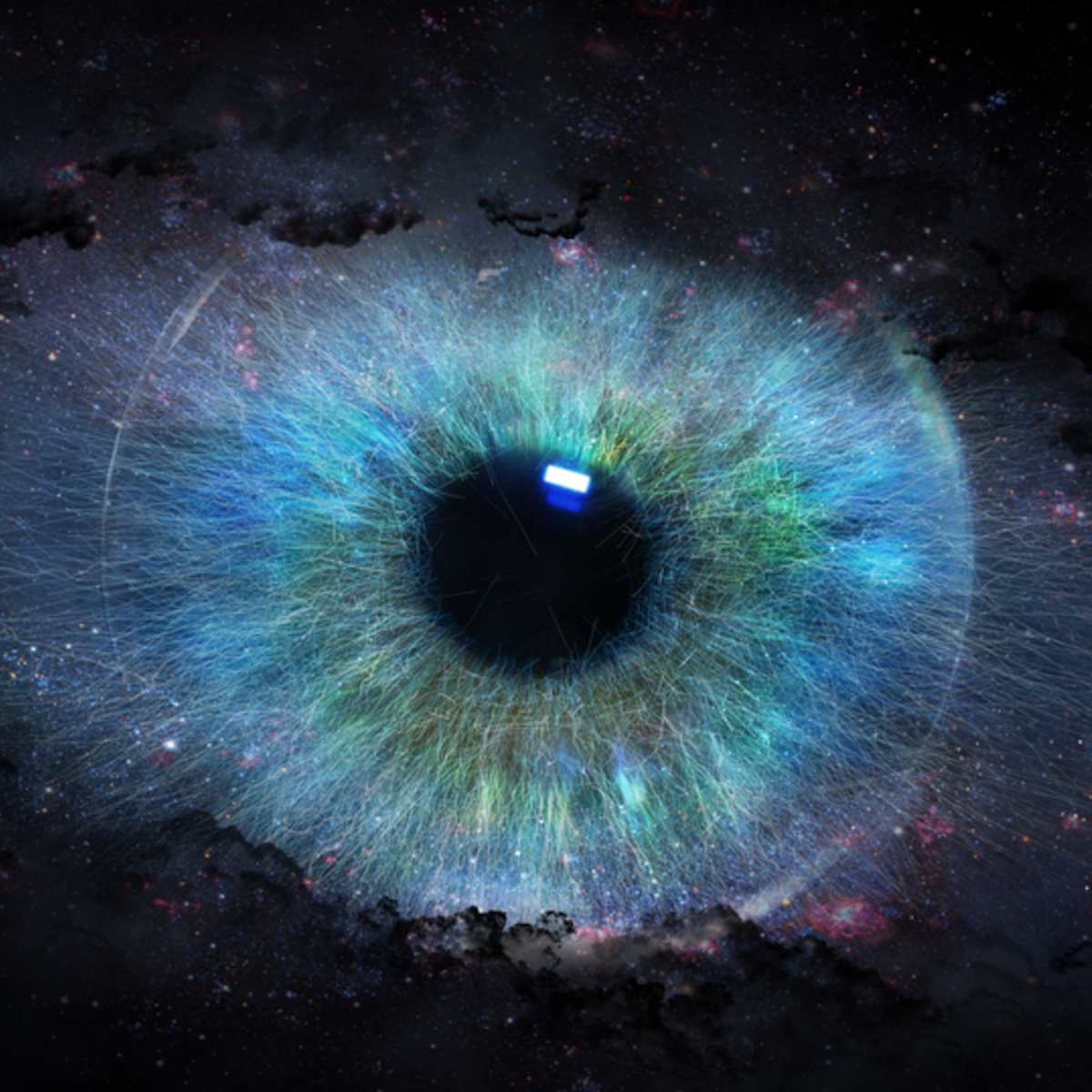 Artistic representation of a multicoloured eye against a space-themed background.