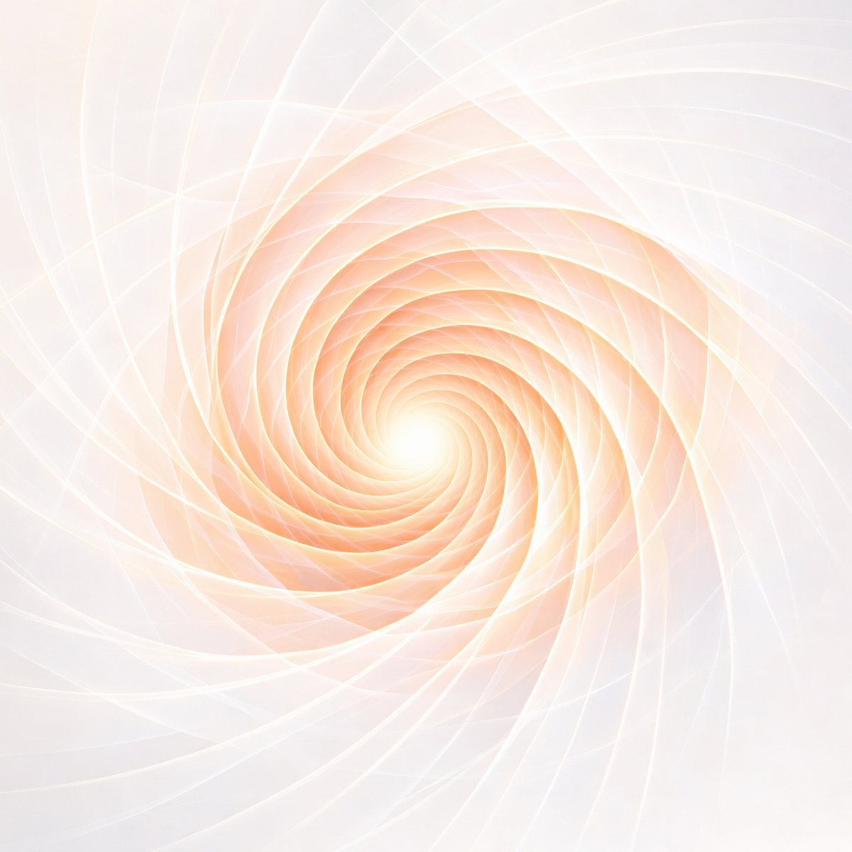 An ethereal white and soft peach digital vortex with translucent, swirling geometric light ribbons spiralling inward.