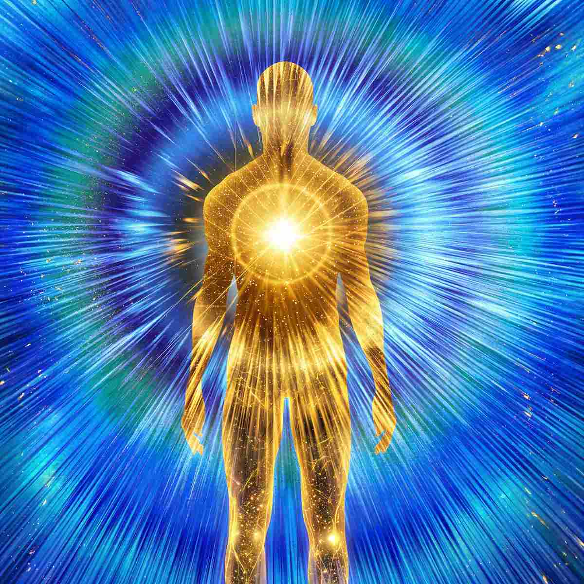 Glowing golden human silhouette with a luminous heart centre radiating intense blue and turquoise light rays.