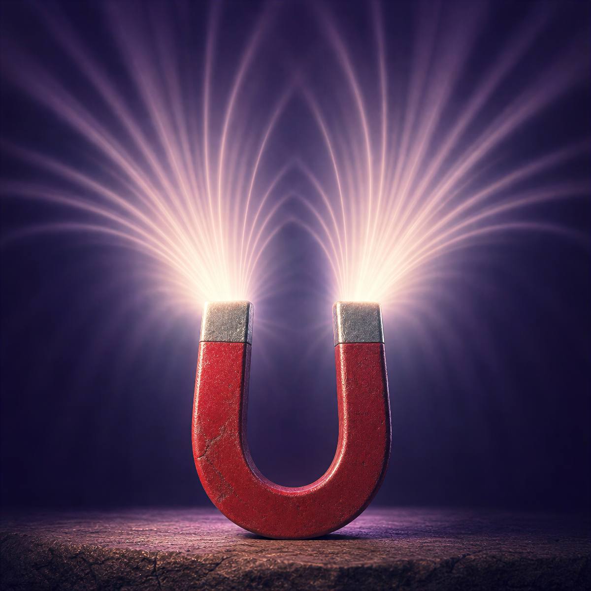 Red horseshoe magnet upright on a stone surface with glowing purple and white energy beams emanating from its poles.