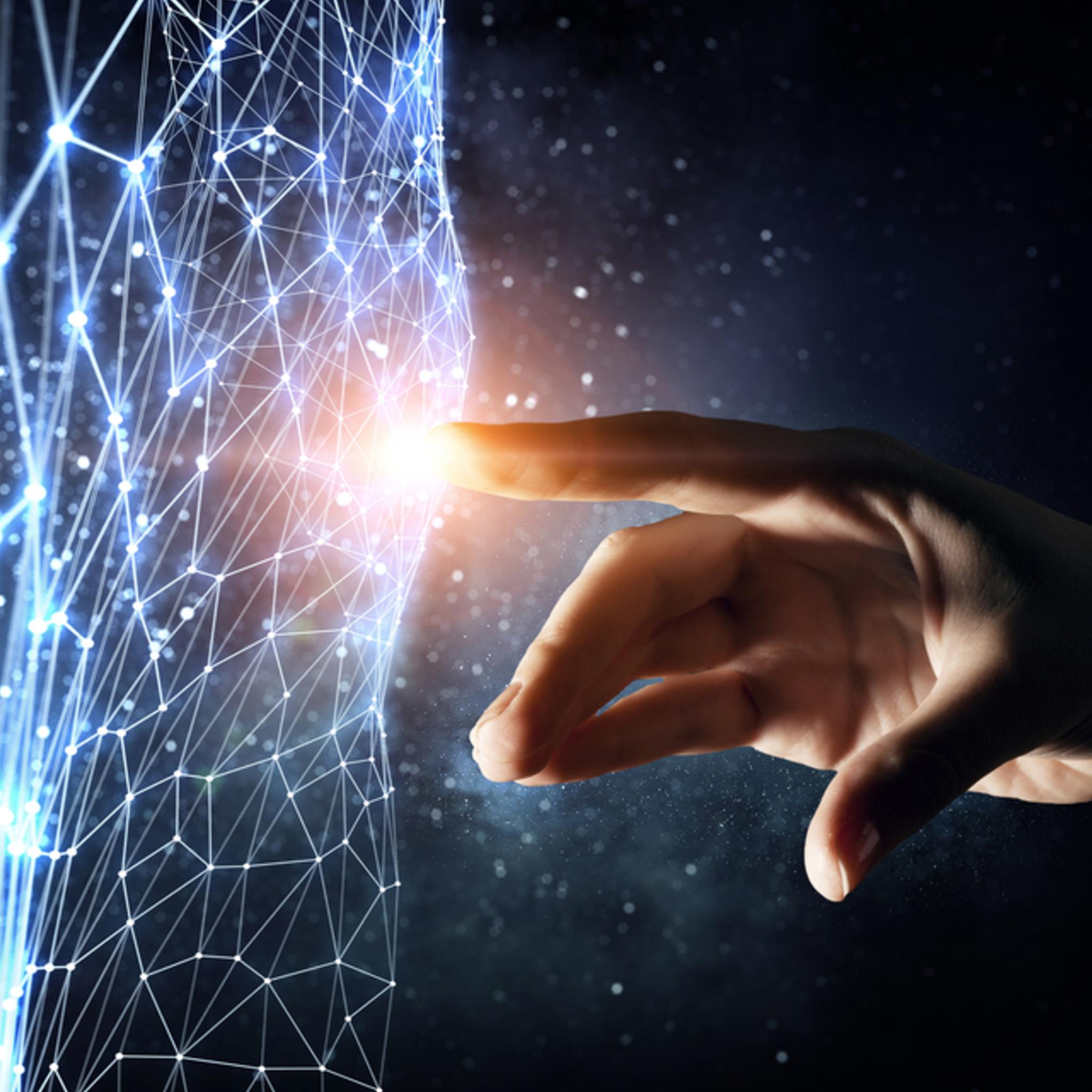 A hand reaching out to touch a complex, glowing blue mesh network or geometric grid against a dark, cosmic background.