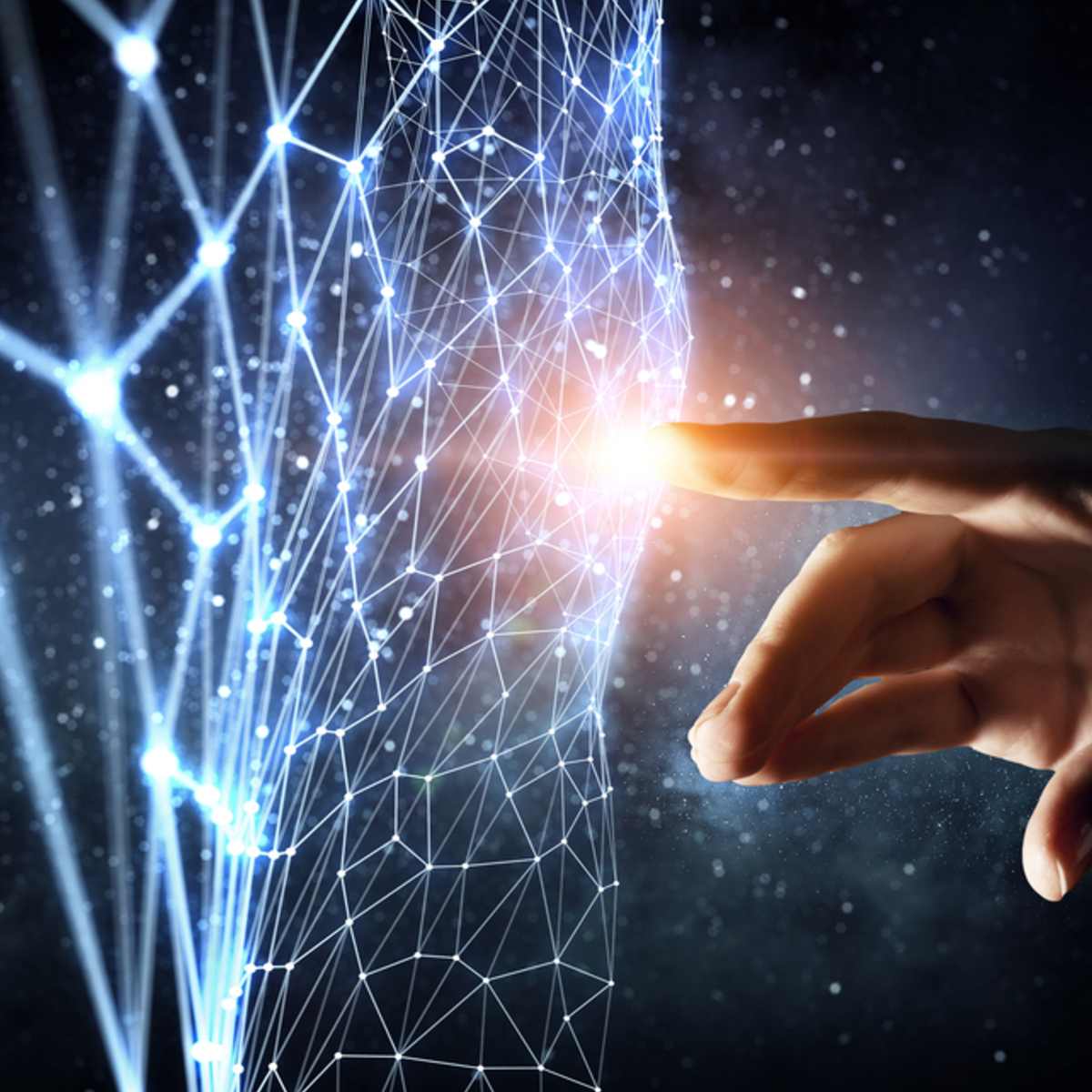 Hand interacting with a network of glowing blue lines against a dark background.