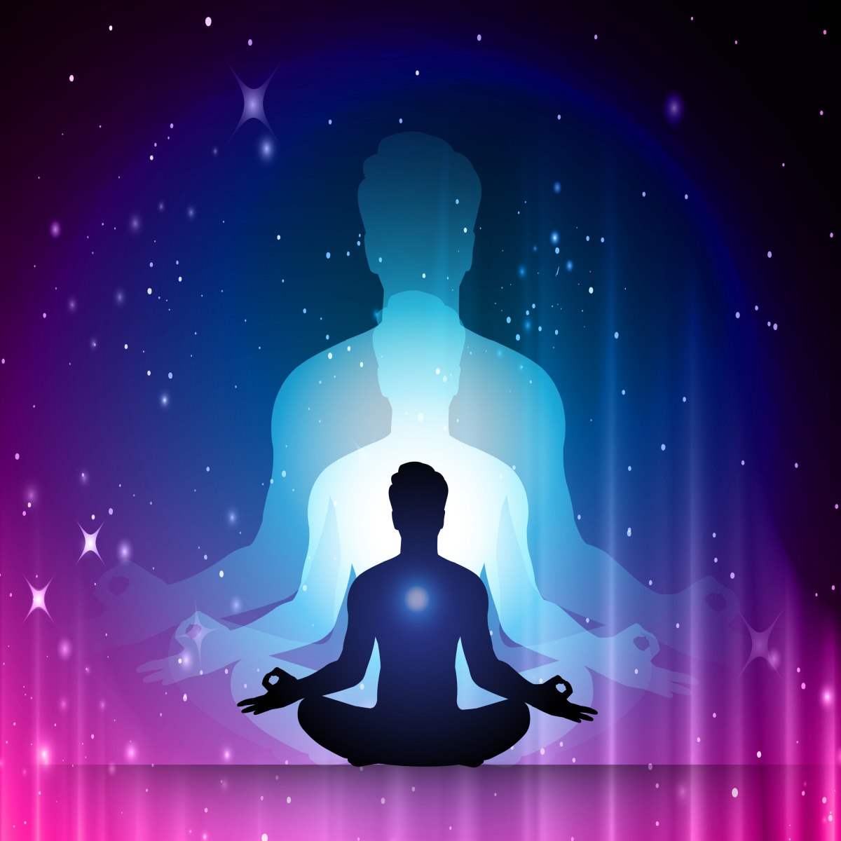 Silhouette of a person meditating with a glowing aura against a starry night sky.