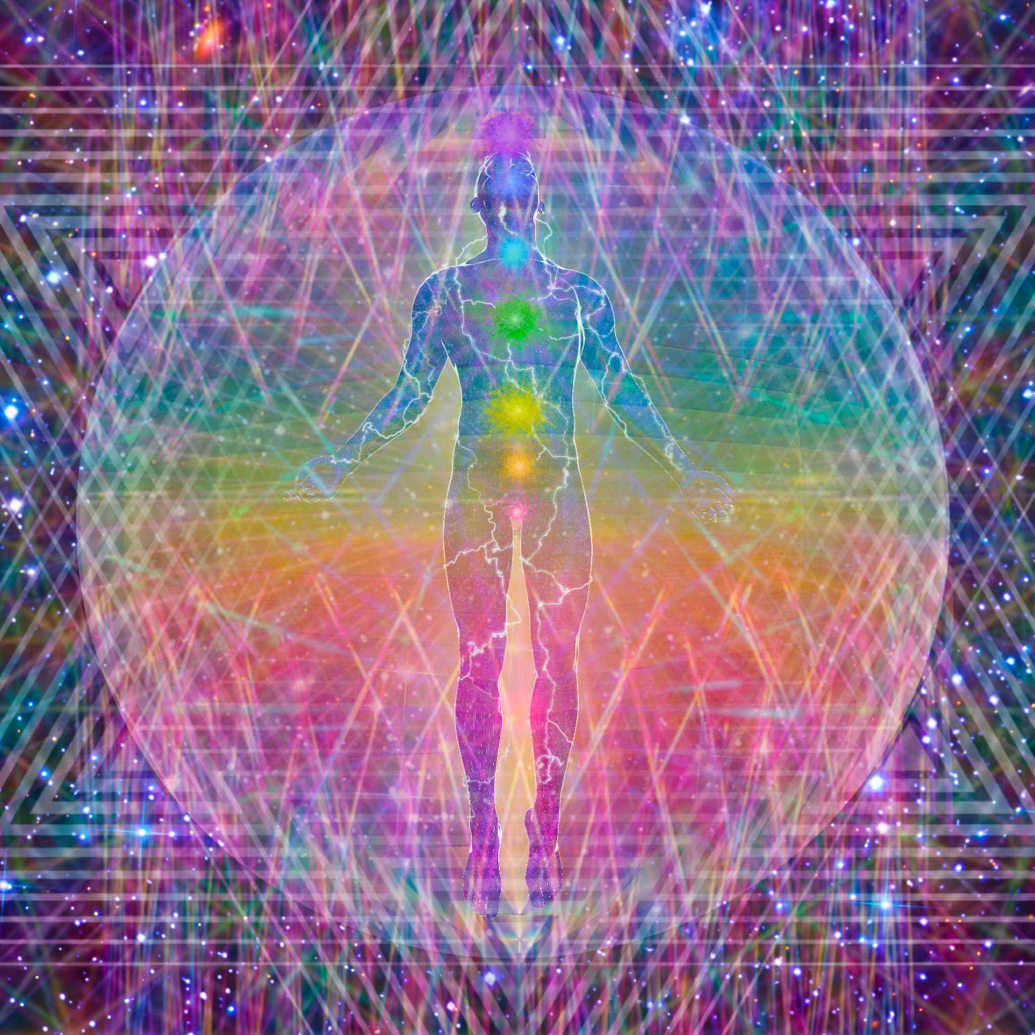 Aura Clearing Treatment: full-body human silhouette with glowing chakras, standing within a rainbow-coloured energy shield and sacred geometric patterns.