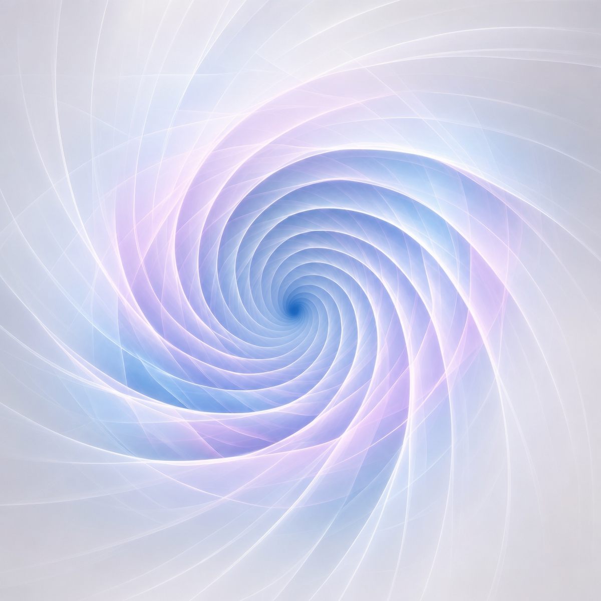 An ethereal white, lavender, and sky-blue digital vortex with translucent, swirling geometric ribbons spiralling inward.