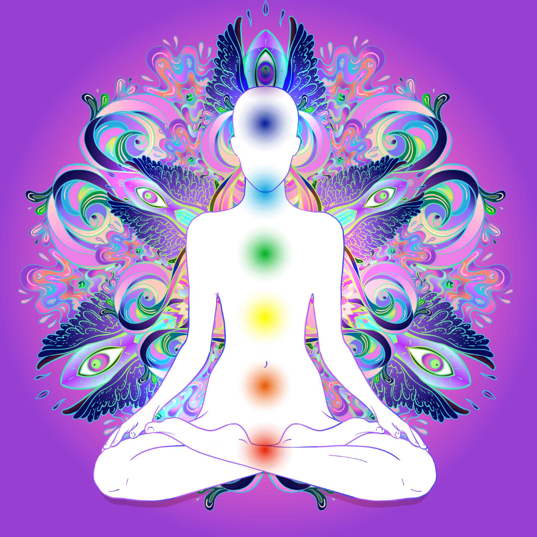 A psychedelic illustration of a white human outline sitting in the lotus position, with the seven main chakras displayed as coloured dots down the centre of the body. The figure is set against a vibrant, highly detailed, multicoloured mandala in neon pink, purple, blue, and green, which is filled with stylised eyes and wings, symbolising the flow of energy that fosters creativity from the blessing of creativity.