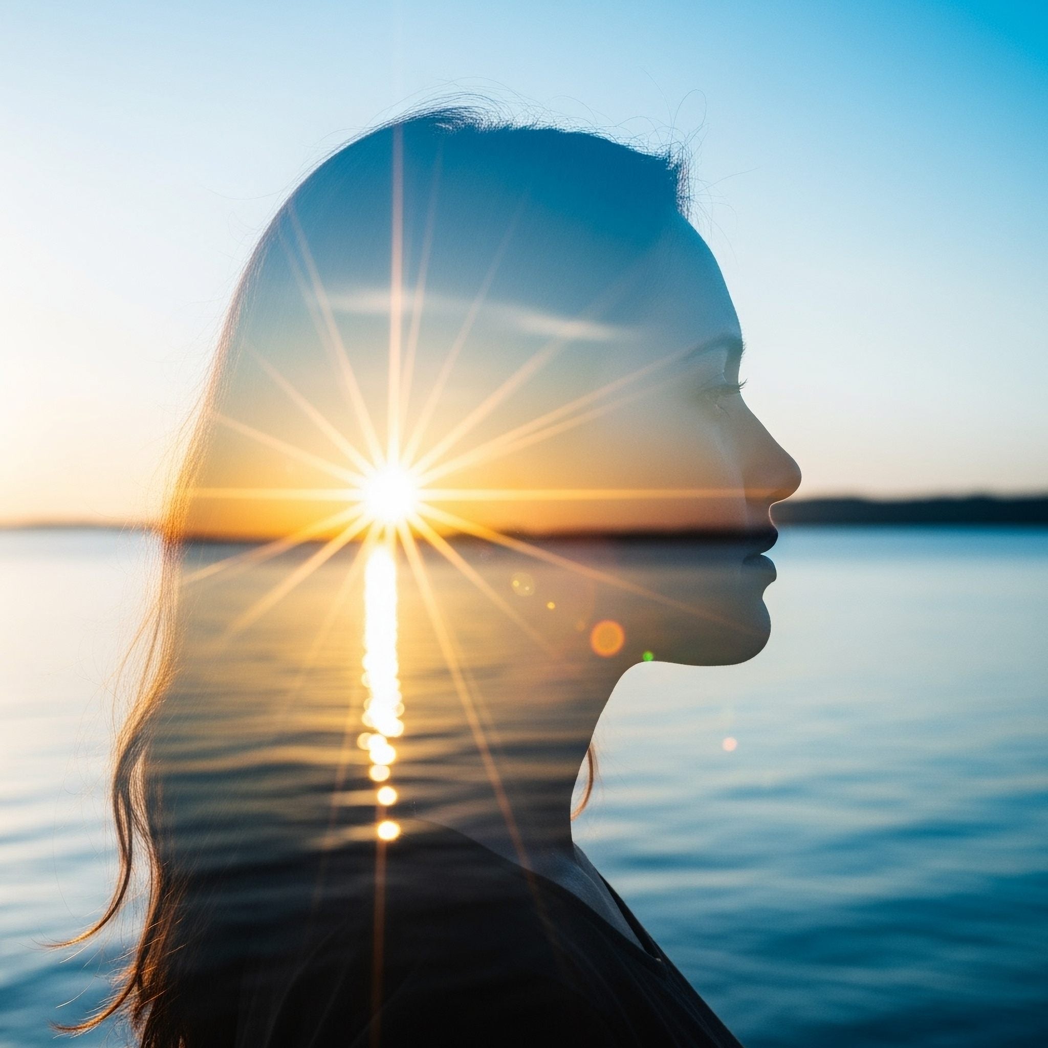 A striking double-exposure photograph showing the side profile of a woman's head and long hair. The inside of her profile is filled with the image of a bright, sun-drenched sunset reflecting off a calm body of water, with the sun's rays creating a brilliant starburst effect, symbolising inner illumination and the blessing of intuition.