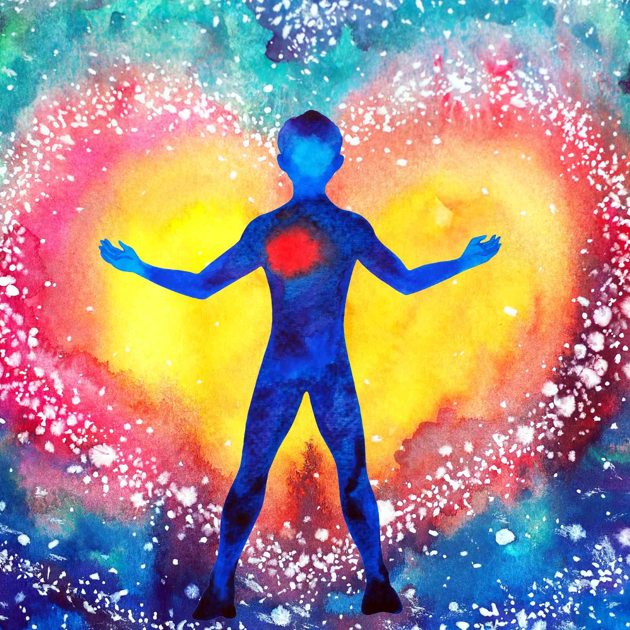 A beautiful silhouette of a person sitting in the lotus meditation pose on a calm body of water, with their reflection visible. The background is a vibrant sunset sky filled with pink and purple clouds over the horizon, representing the clarity and openness achieved through the blessing of authentic expression.