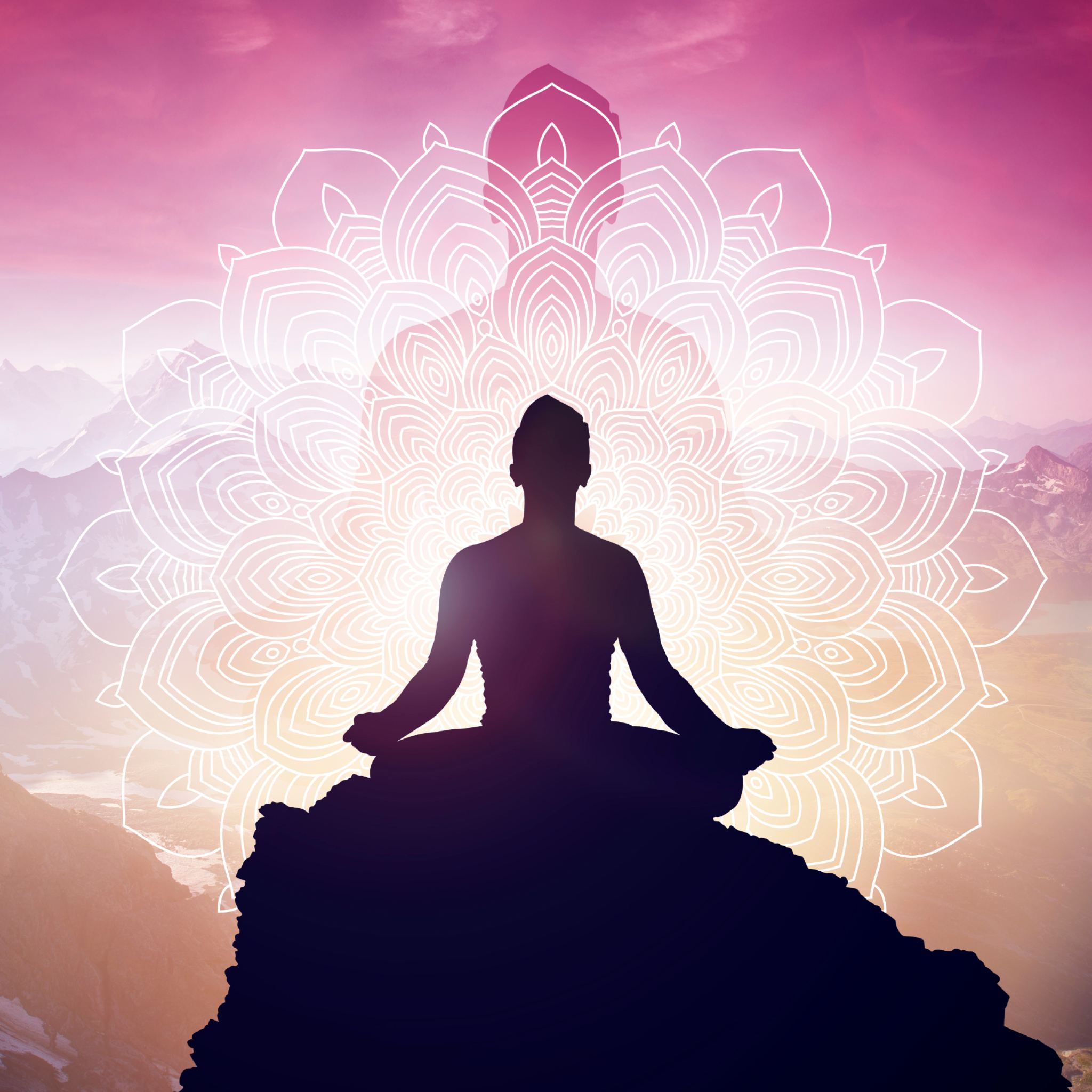 A digitally enhanced image featuring a dark silhouette of a figure sitting in the lotus position atop a rocky mountain peak at sunset. Behind the figure, a large, glowing white outline of an intricate mandala symbol radiates outwards against the pink and purple sky, signifying a blessing of spiritual awakening.