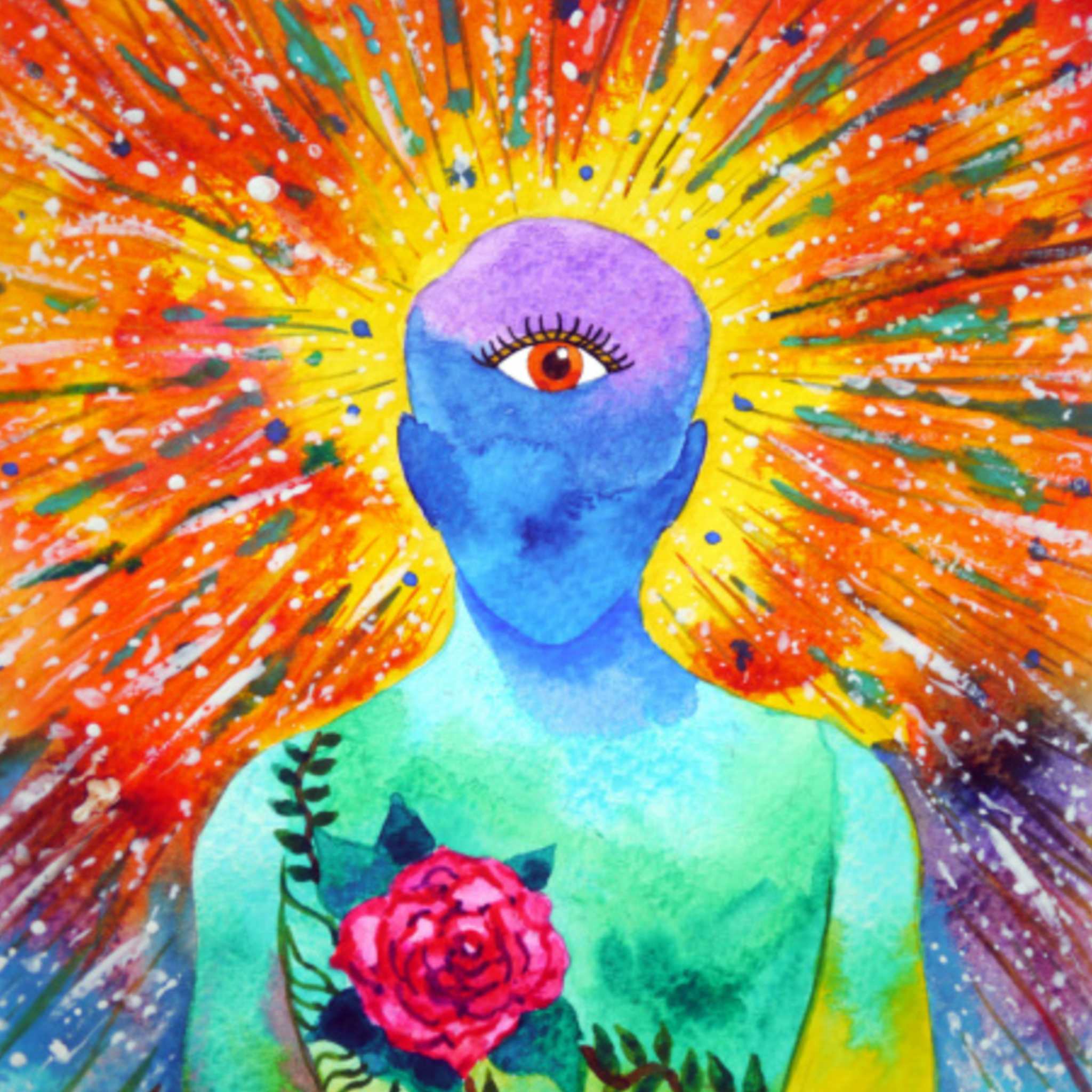 A colourful, psychedelic watercolour painting of a human figure's torso and head, with the skin painted in blue and turquoise. A realistic brown eye is painted in the middle of the forehead, representing the Third Eye, while a large red rose with green leaves is painted over the heart. The background is a bright explosion of yellow, orange, and red light rays, symbolising the awareness fostered by the blessing of third eye awareness.