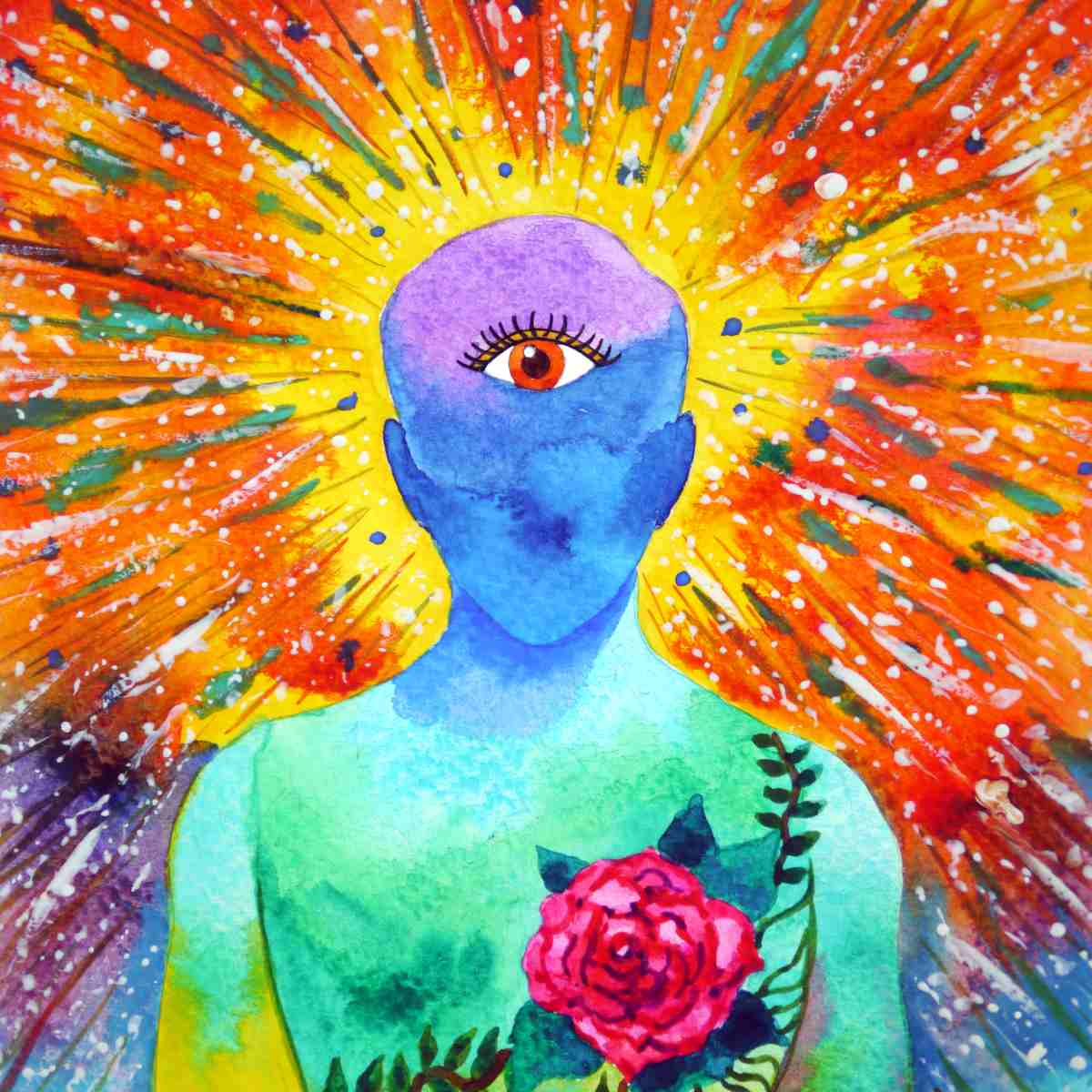 Colourful abstract artwork with a central figure with a large third eye and vibrant background.