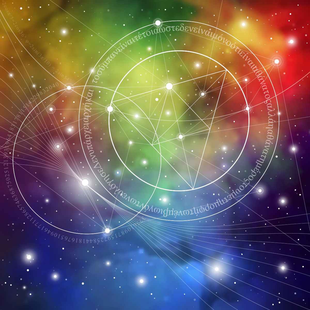 Cosmic sacred geometry mandala over a vibrant colorful nebula background for Blissful Light distant attunements.
