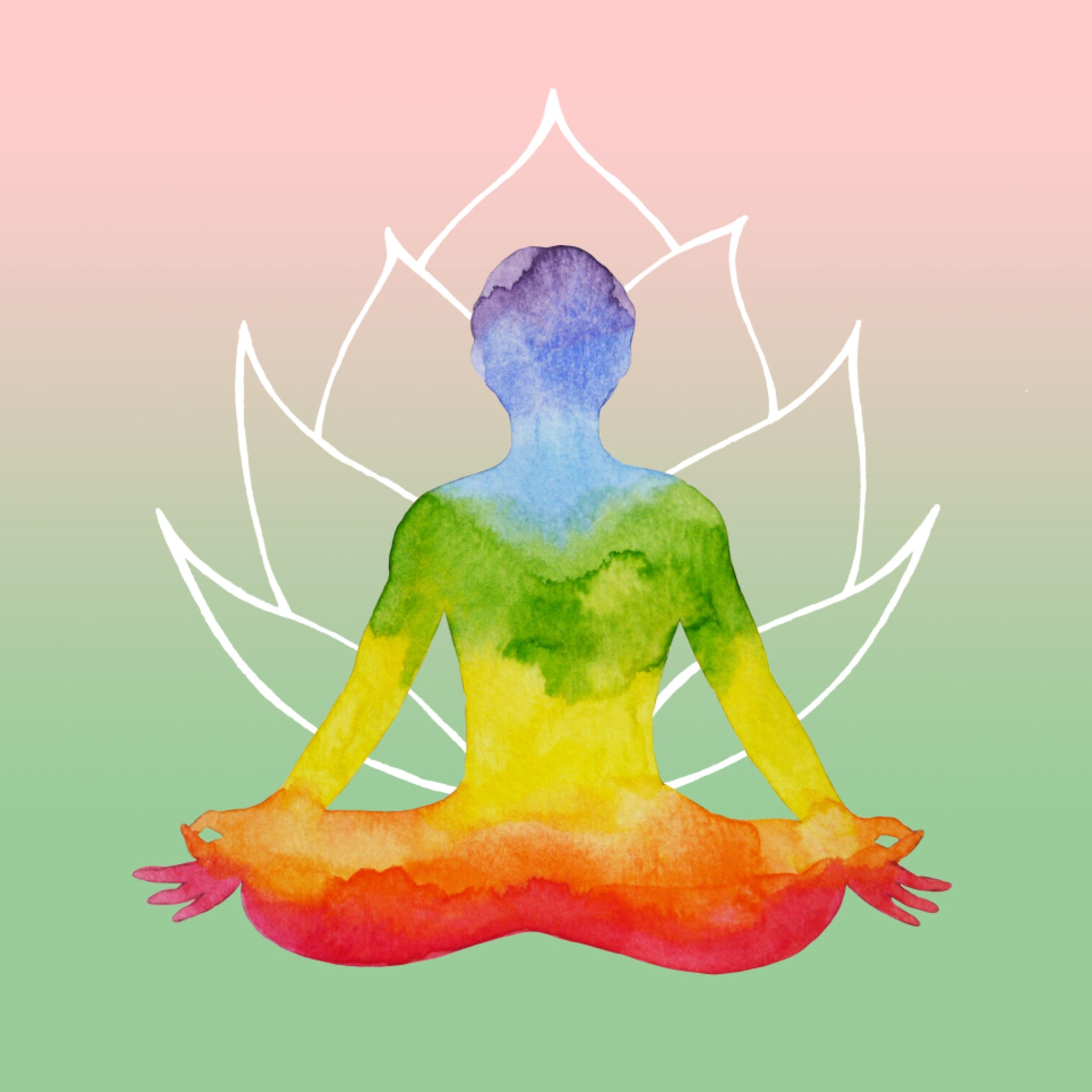 Watercolour illustration of a meditating figure silhouette, painted in rainbow chakra colours, set against a white lotus outline and a soft green and pink gradient background.