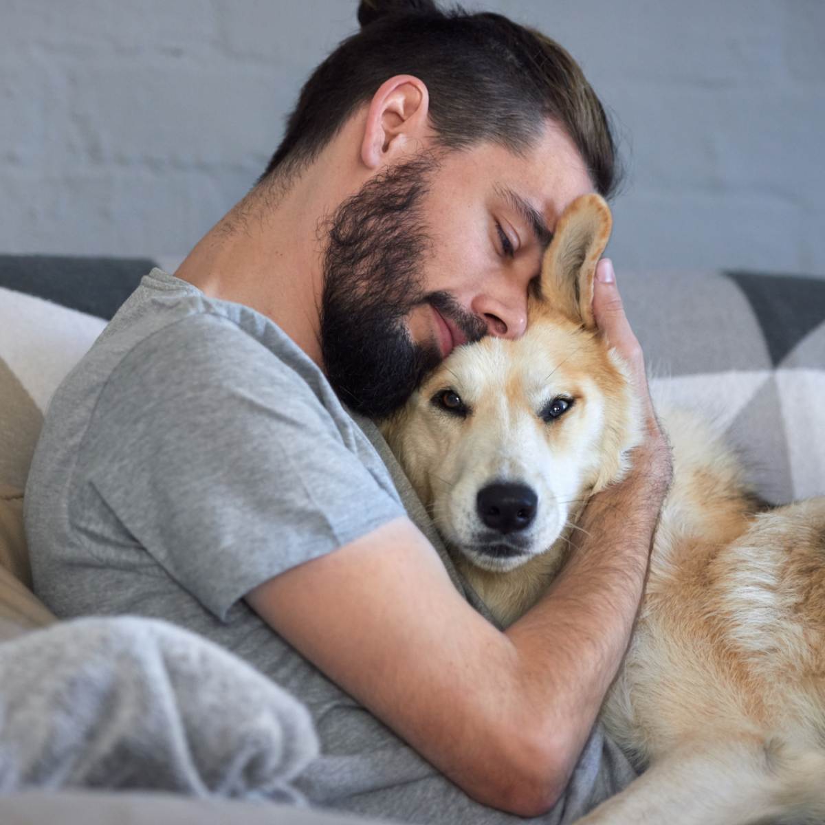 A man on a couch, hugging and resting his cheek against a light-coloured dog.