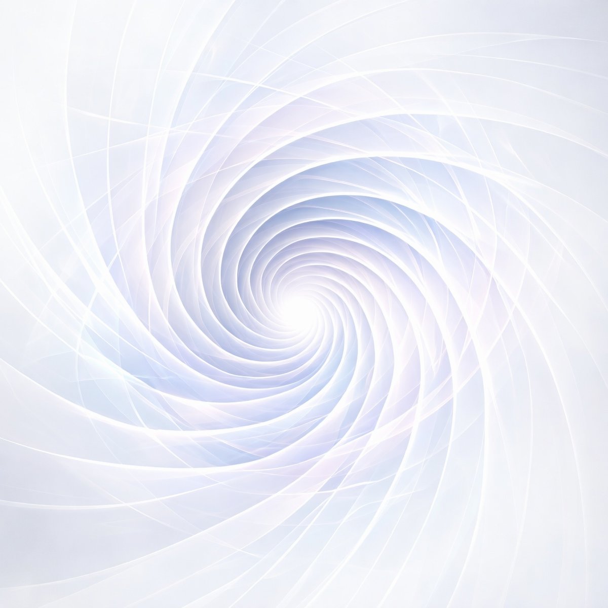 An ethereal white and pale periwinkle digital vortex with translucent, swirling geometric ribbons spiralling inward.