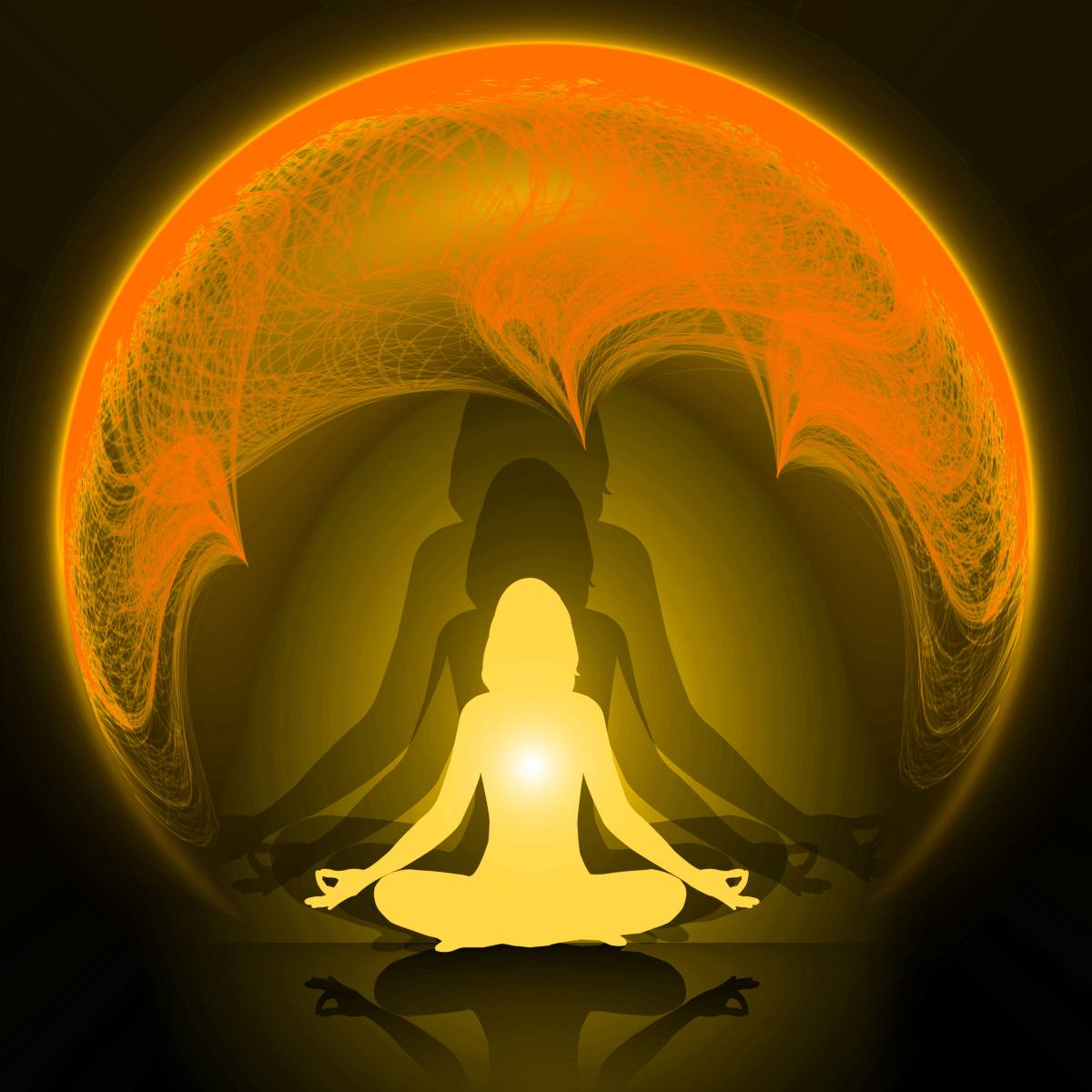 Silhouette of a meditating person with a glowing orange carnelian crystal energy protective circle.