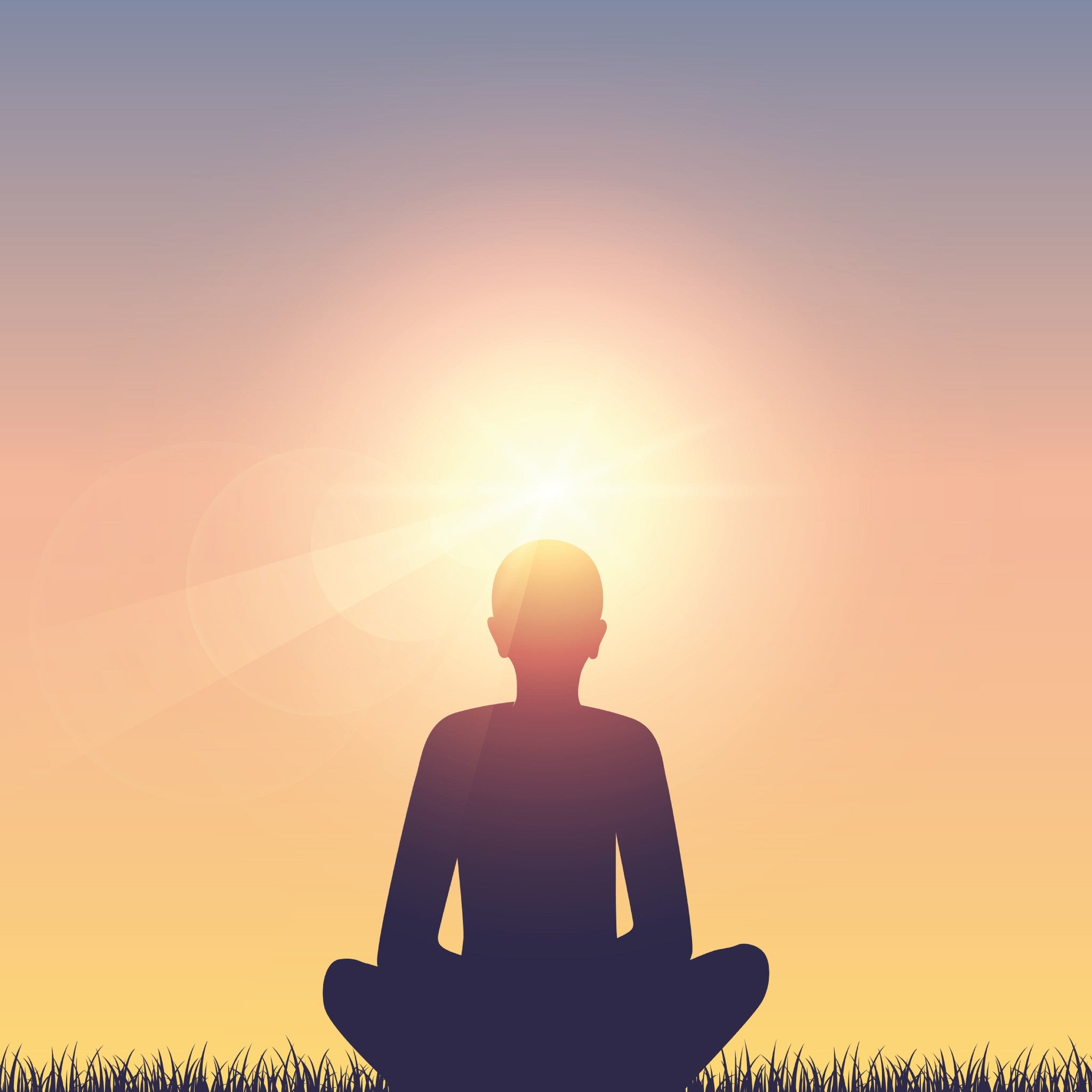 A simple, stylised illustration of a person's silhouette sitting in a lotus position on a strip of grass, facing a bright, intensely glowing sun or light source positioned just above the head against a soft gradient sky of blue, pink, and yellow.