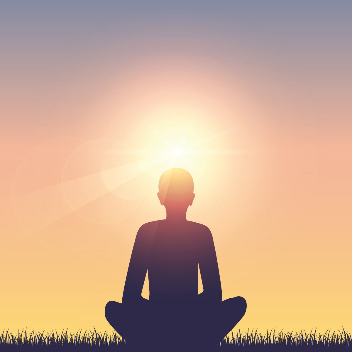 Silhouette of a person meditating with a sunset in the background.