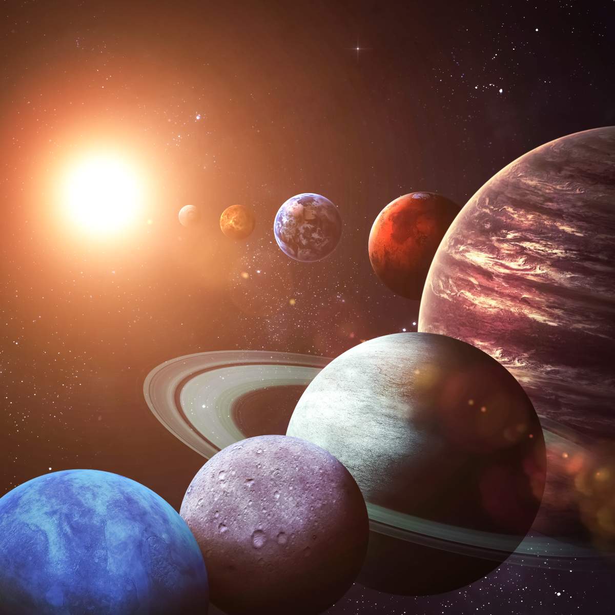 Illustration of the solar system with a bright star in the background.