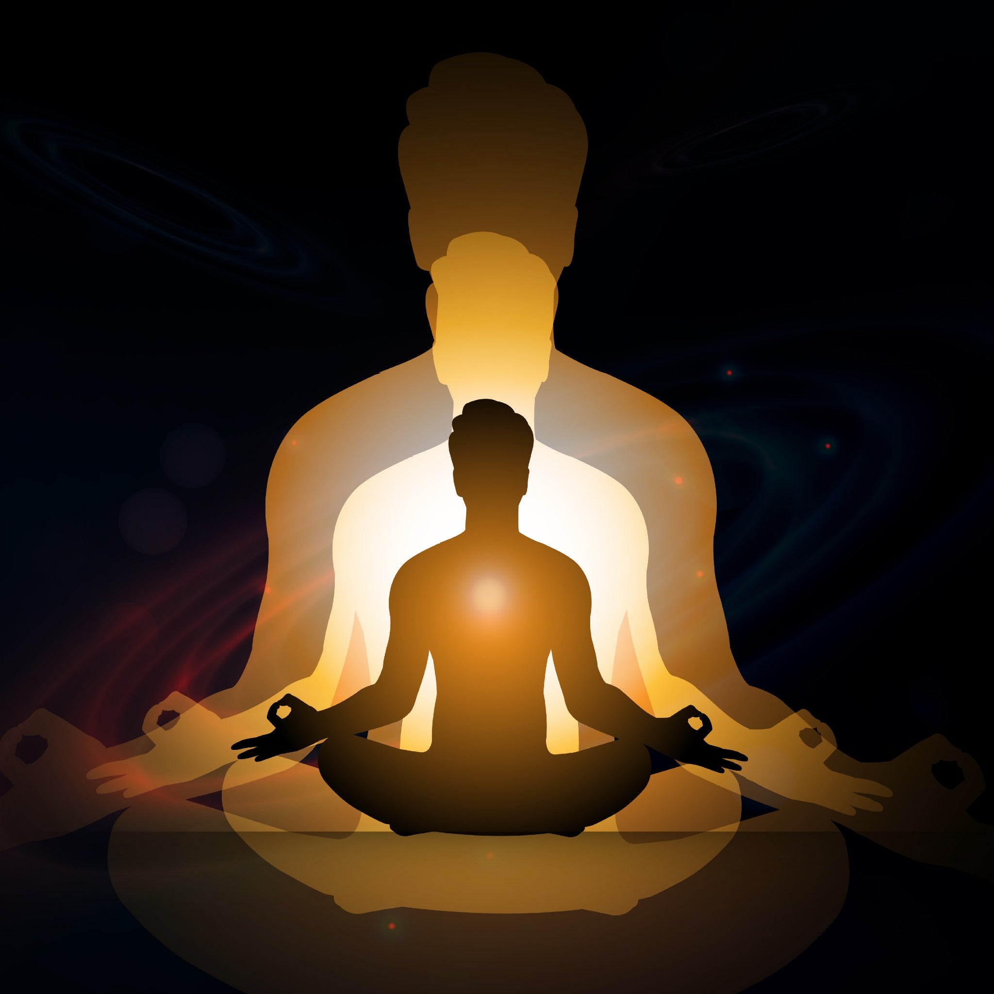 Illustration of a person meditating with a larger silhouette behind them, set against a dark background.