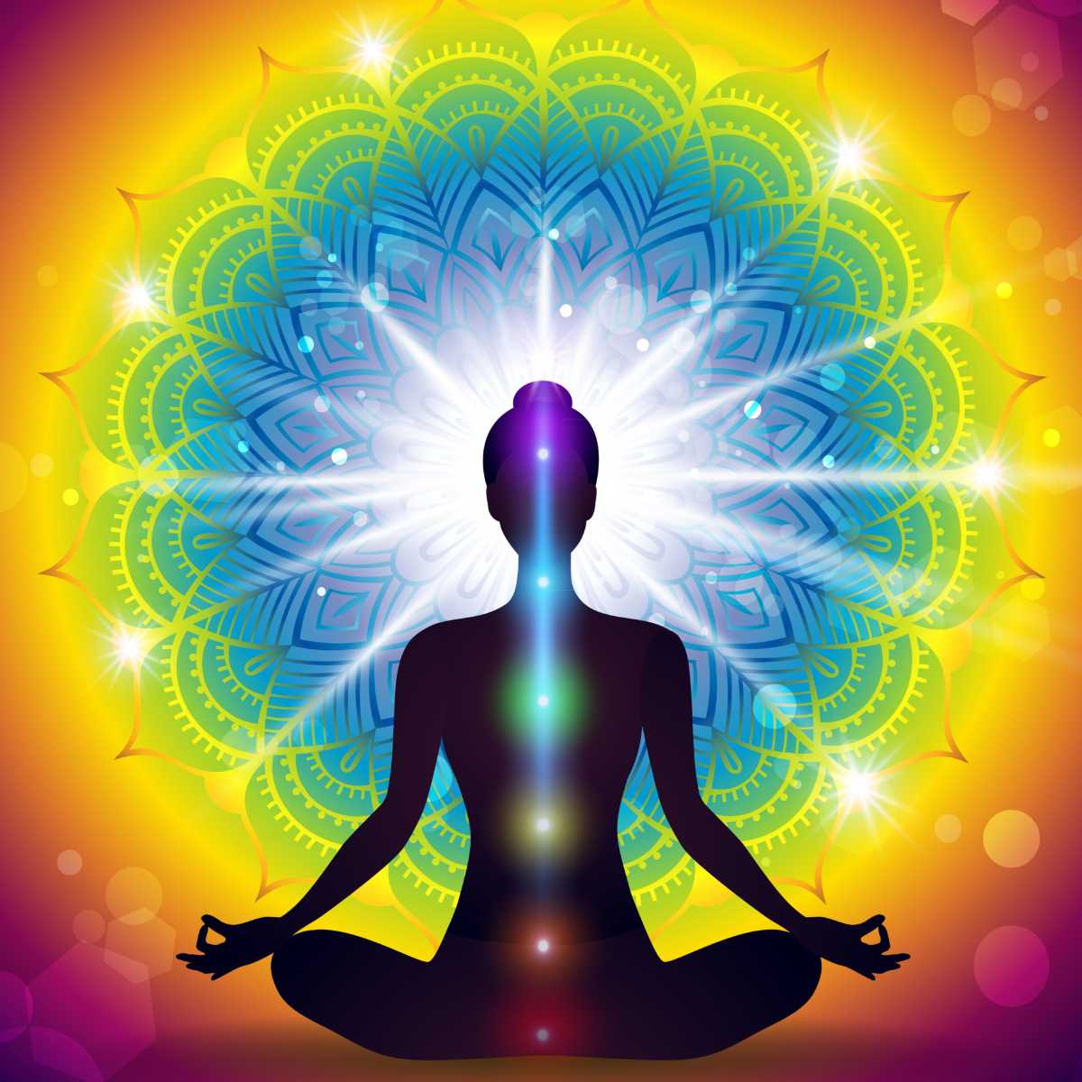 Silhouette of a person in meditation with a colourful cerebellum chakra colours on a vibrant background.