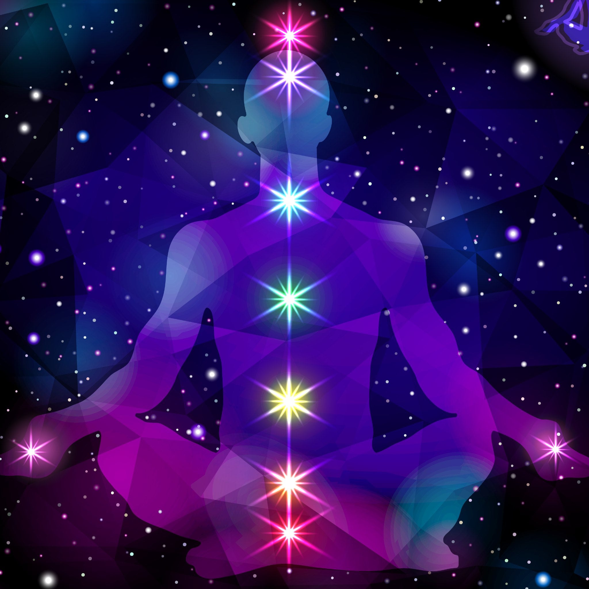 Chakra 999 High Integration Attunement: silhouette of a meditating figure with multiple glowing chakras aligned against a dark, cosmic, starry background.