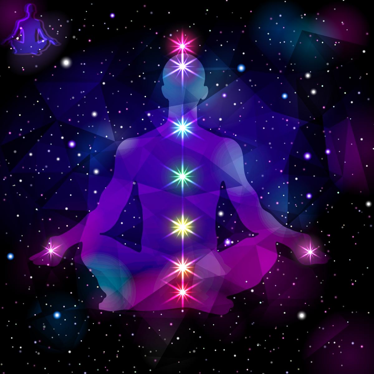 Silhouette of a person in meditation with chakra colours on a starry space background.
