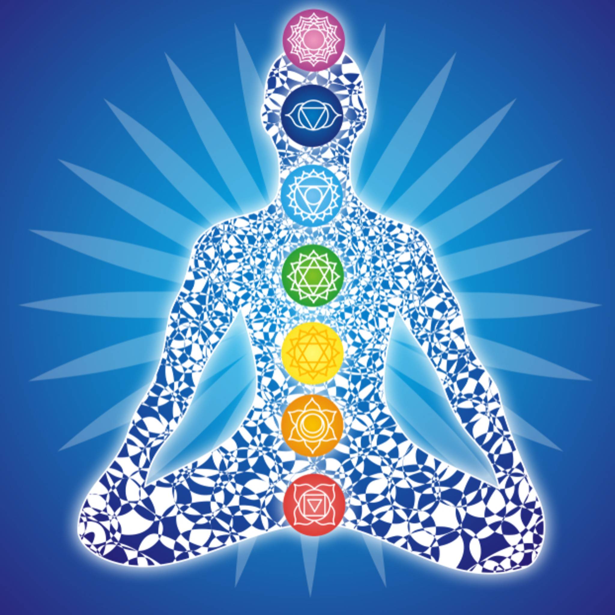 A vibrant, colourful illustration of the seven main chakras aligned vertically within the silhouette of a meditating figure, depicted as glowing, stylised lotus flowers or mandalas, against a radiating blue background, symbolising energetic balance and spiritual awakening.