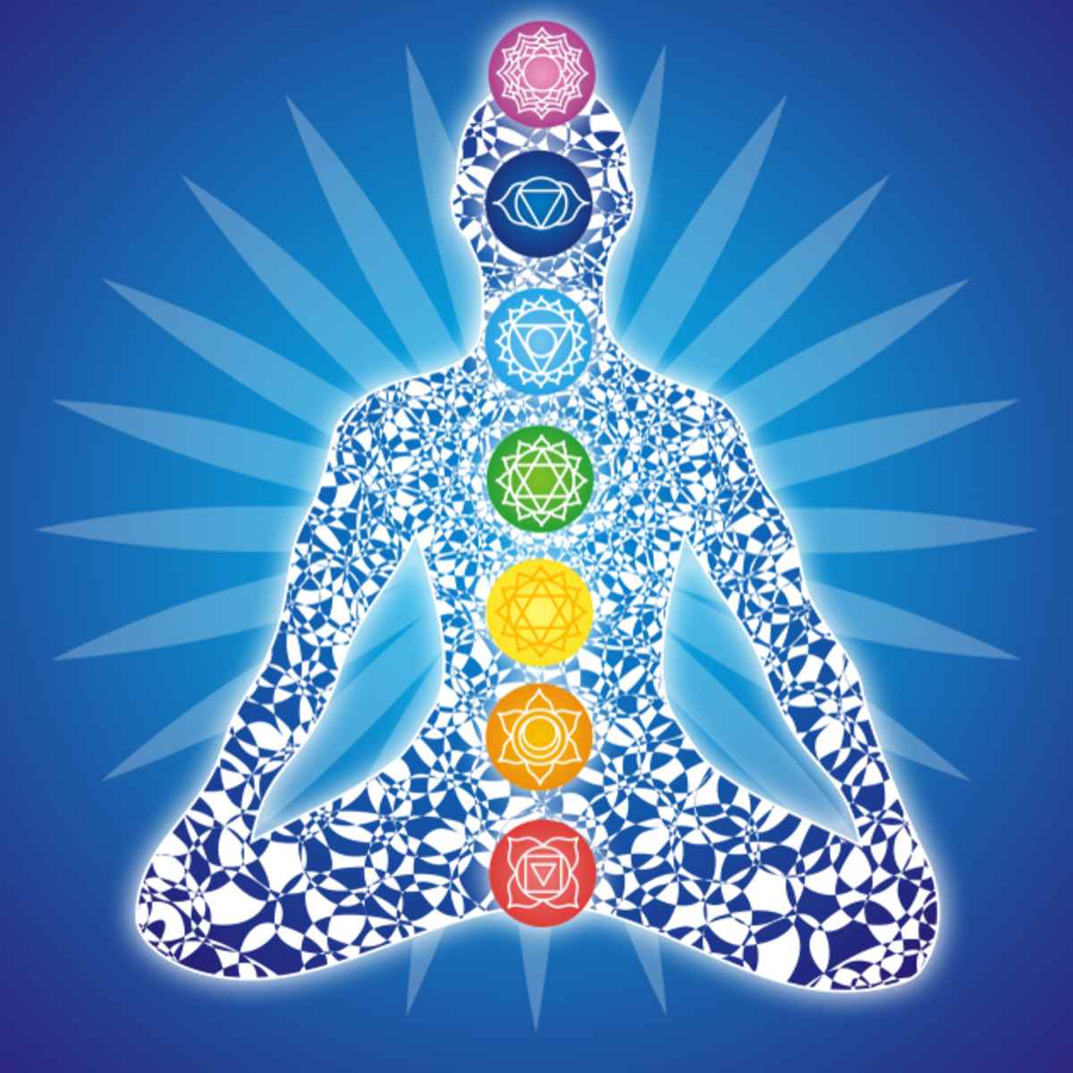 Illustration of a human figure with chakra symbols on a blue background.