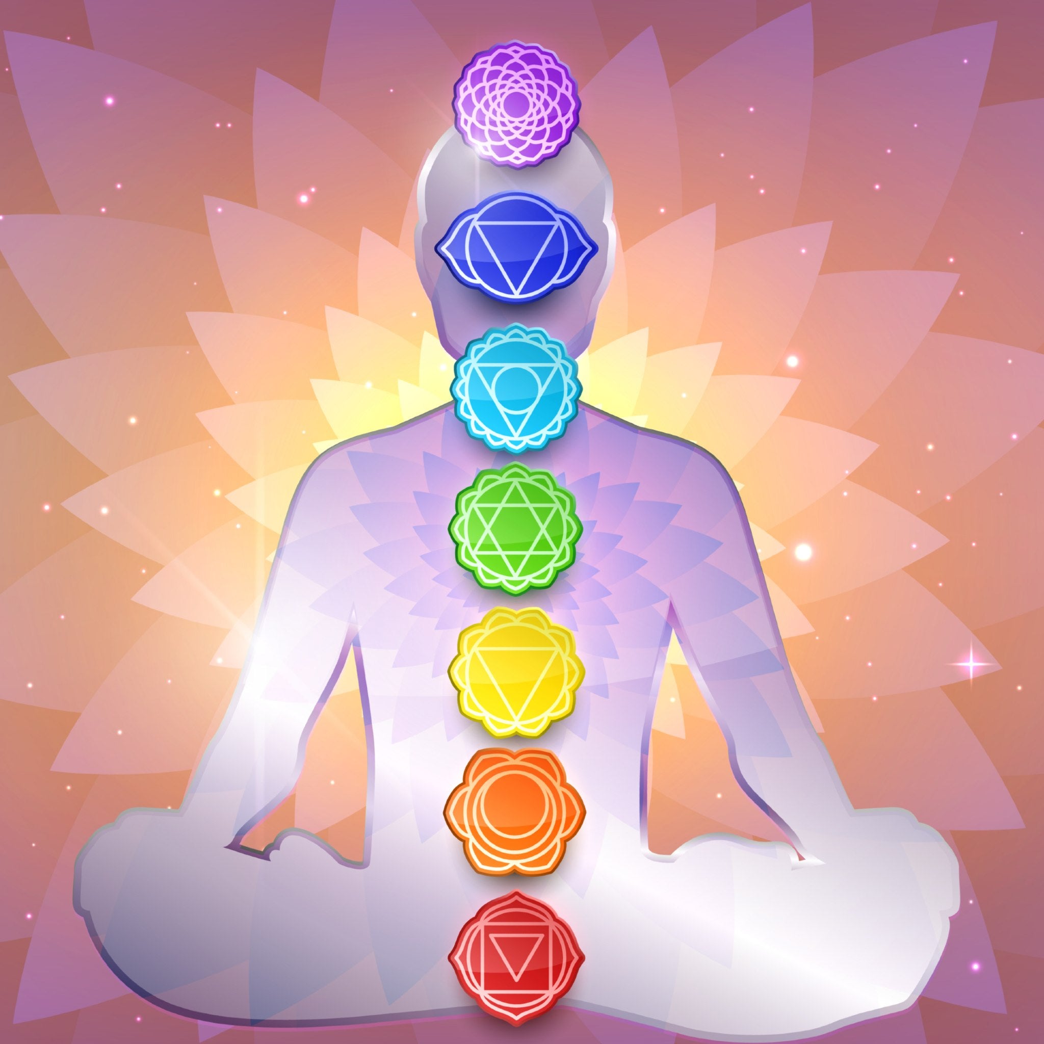 Chakra Clearing Treatment: diagram of a meditating silhouette figure with seven vibrant, coloured chakras aligned vertically against a soft, glowing lotus background.