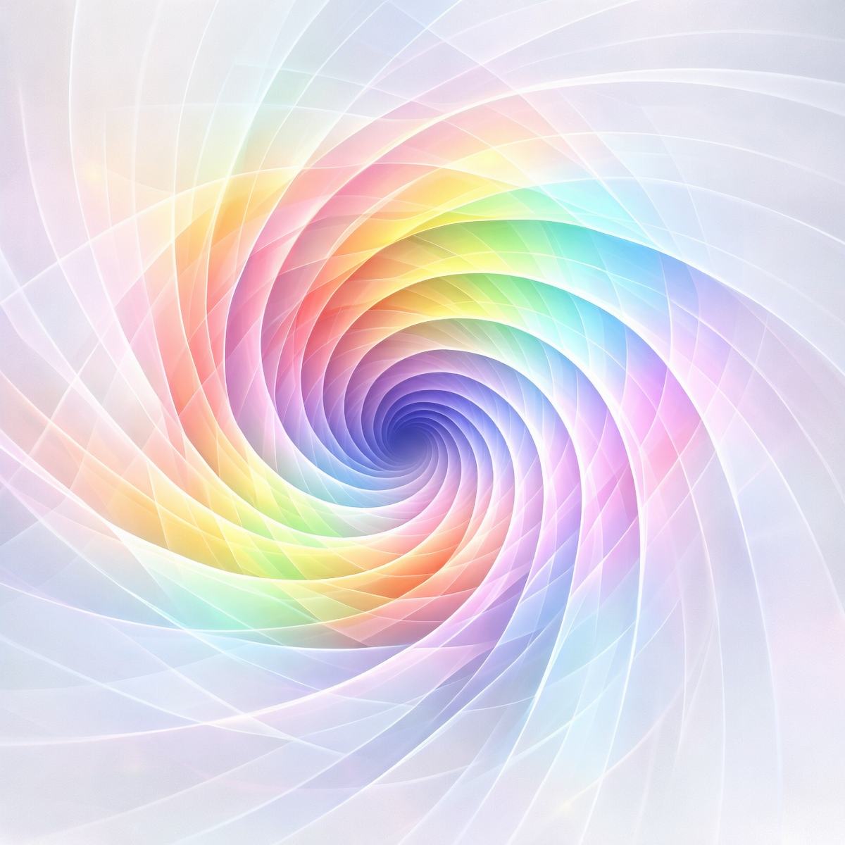 An ethereal rainbow-coloured digital vortex with translucent, swirling geometric light ribbons spiralling inward.