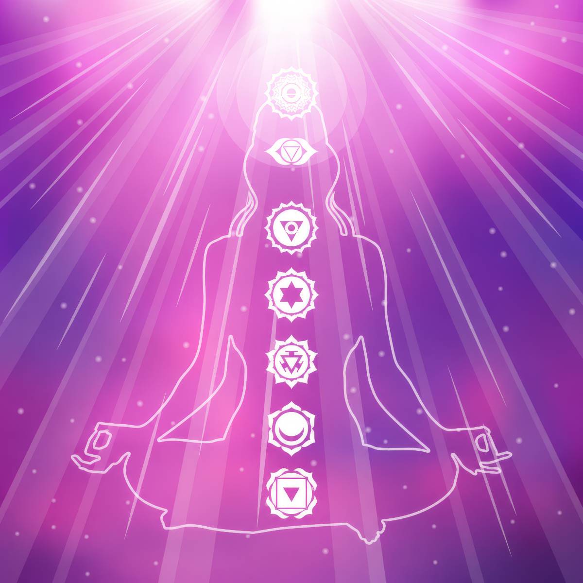 White outline of a meditating figure with seven chakra symbols aligned along the spine, set against a radiant pink and purple light background.