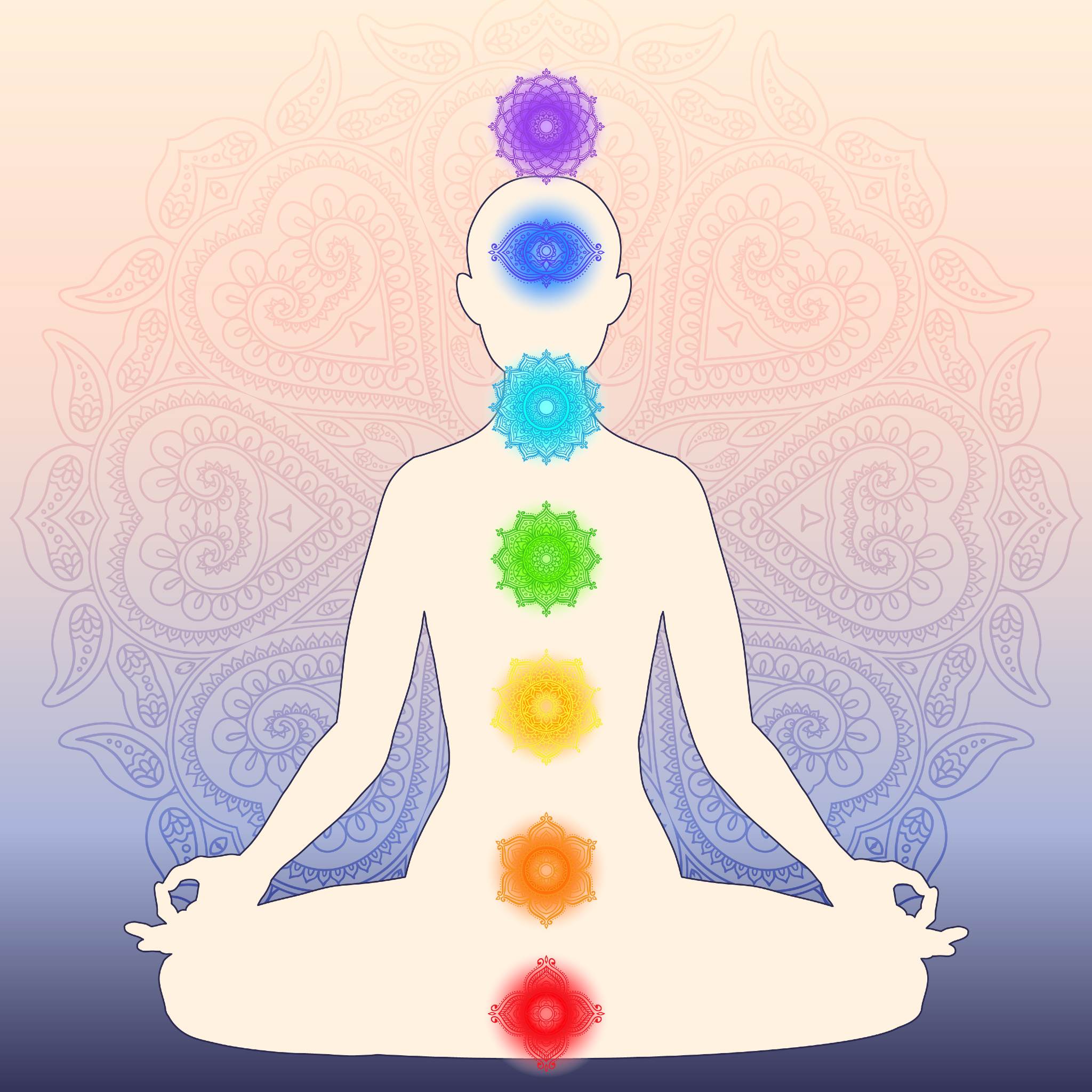 Illustration of a figure meditating in the lotus position with seven colourful, stylised chakra symbols aligned vertically along the spine, against a soft mandala background.