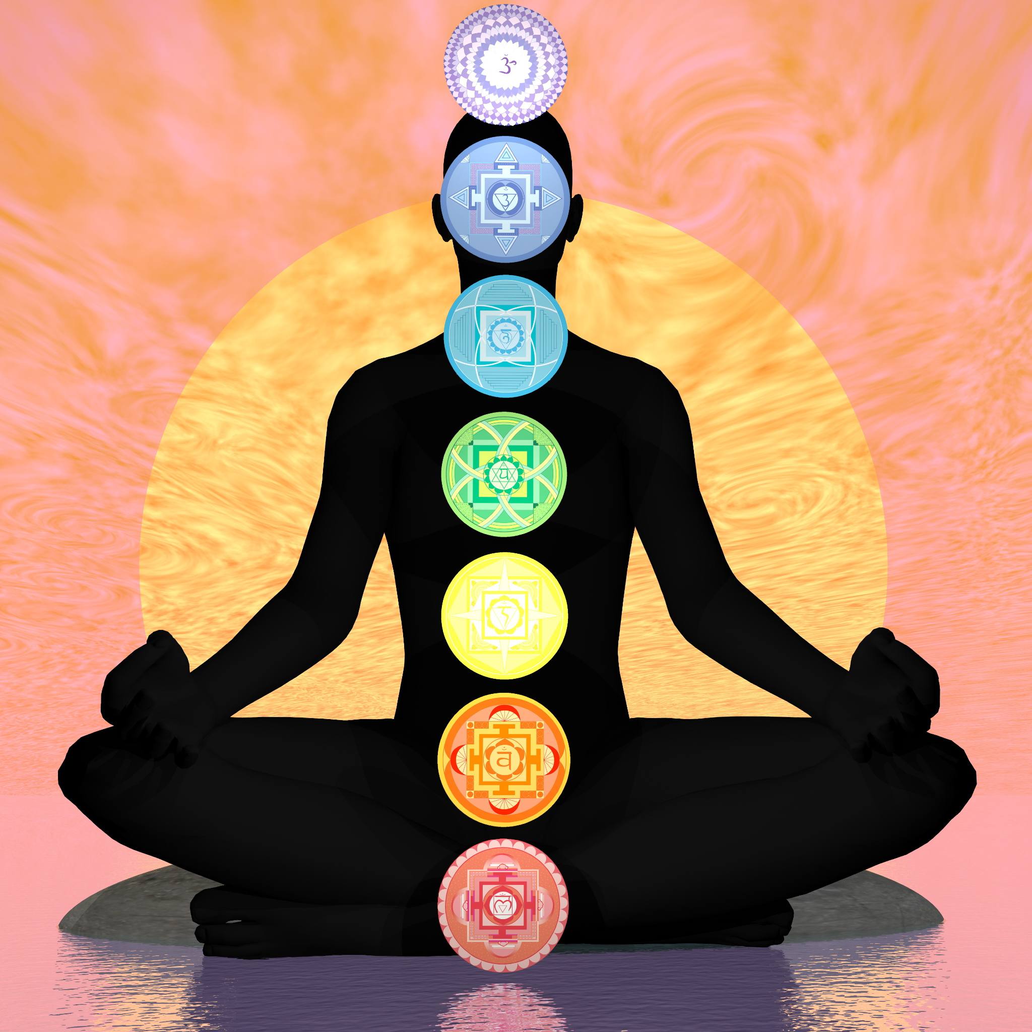A dark silhouette of a meditating figure sitting in the lotus pose, with seven bright, circular chakra mandalas aligned vertically from the root to the crown. The background features a large, glowing orange circle, reflected on a reflective pink and purple surface.