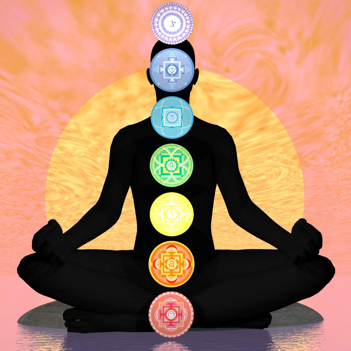 Silhouette of a person in meditation with chakra symbols on a colourful background.
