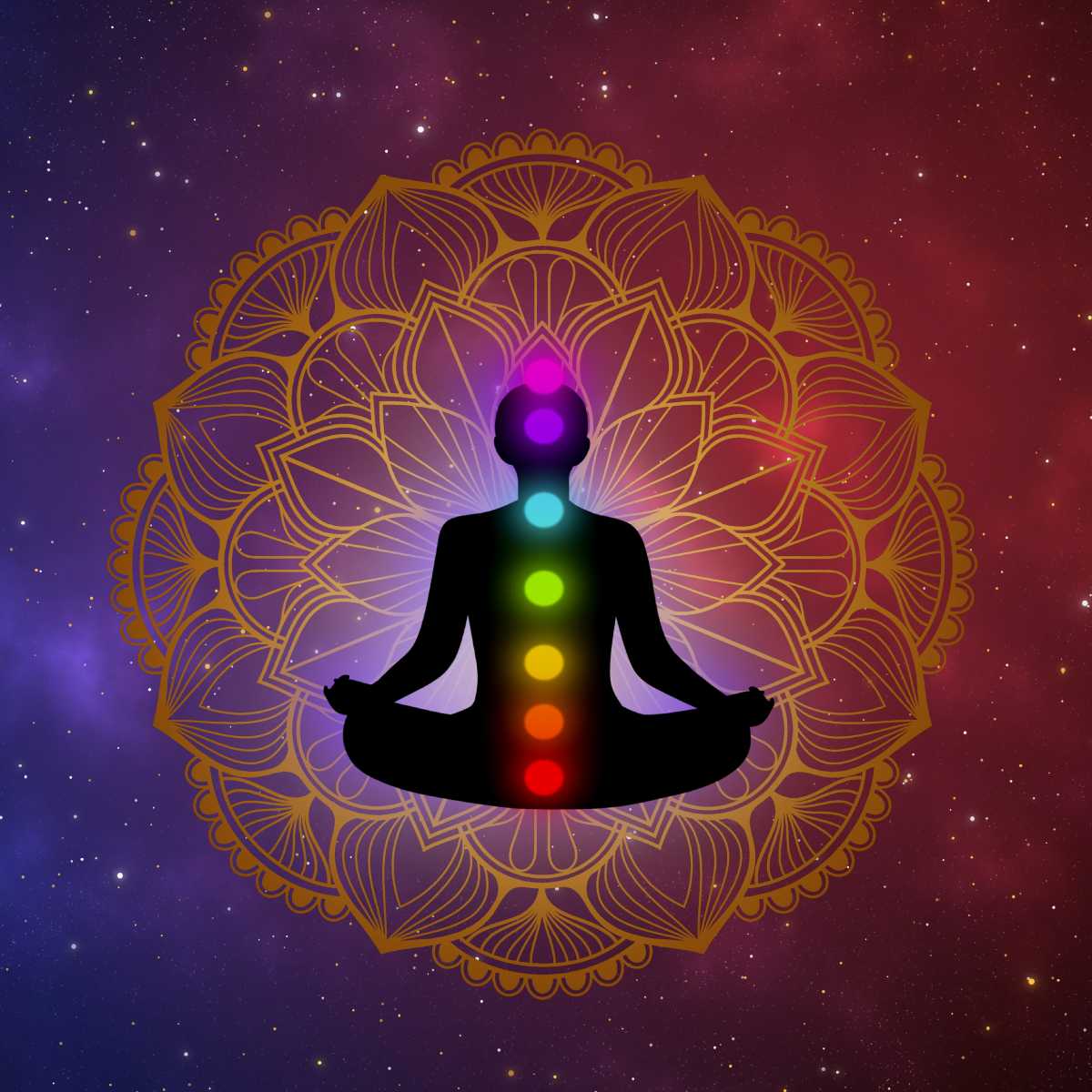 Silhouette of a person meditating with seven chakras against a starry background.