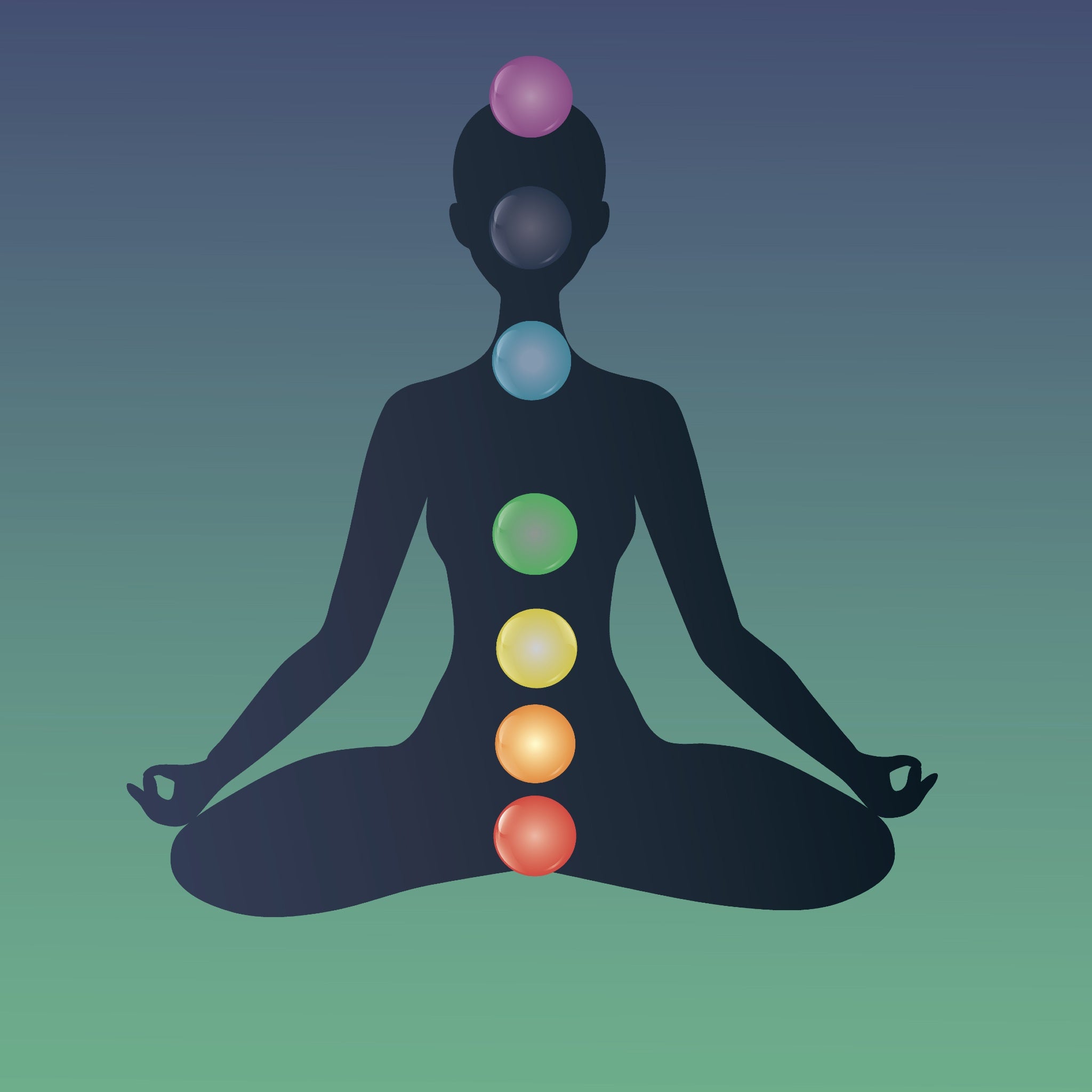 A simple graphic illustration featuring a dark silhouette of a person sitting in a lotus position, with seven coloured, glowing spheres (the chakras) aligned vertically from the root to the crown against a soft green and blue gradient background.